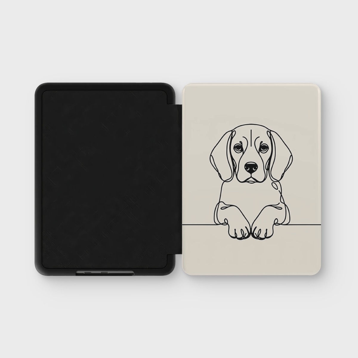 Beagle line art Kindle case in Cream — open folio showing the inner shell and printed cover.