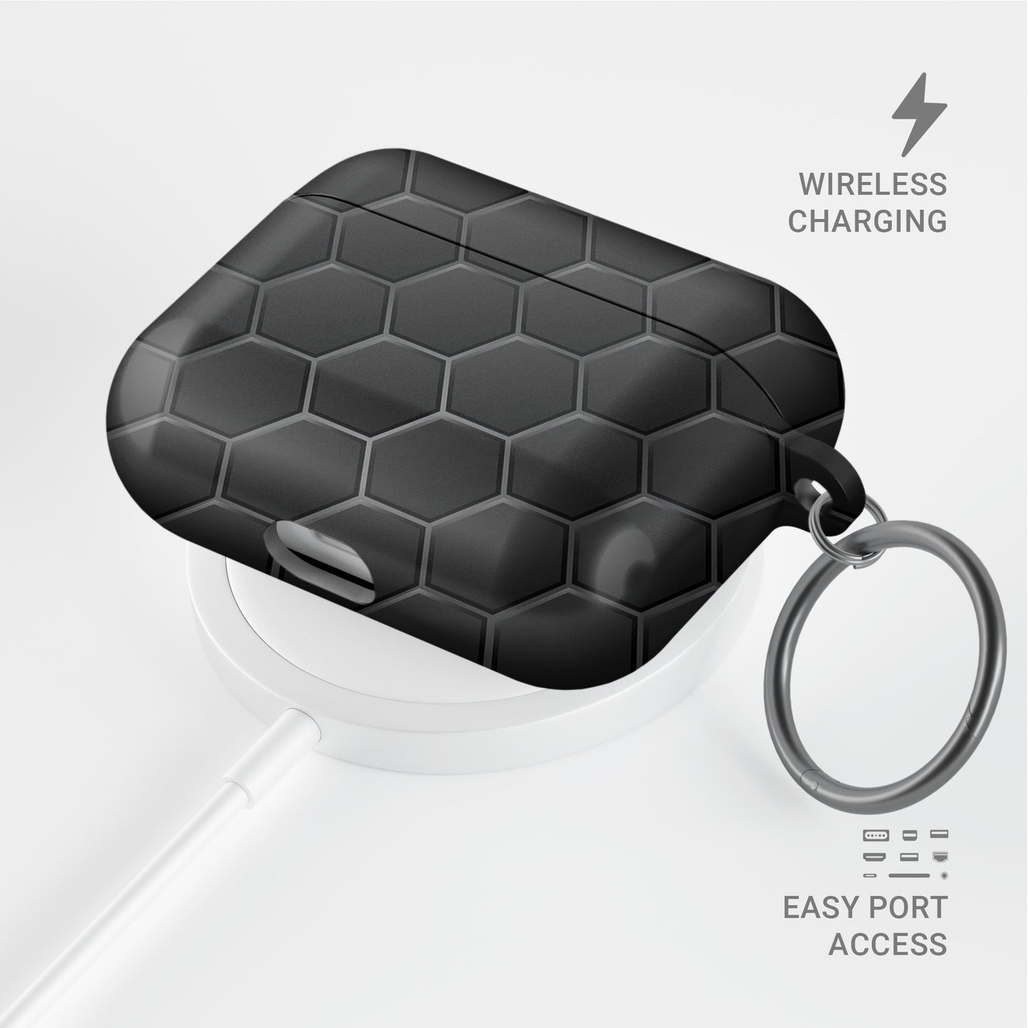 Black AirPods tough case with dark hexagon honeycomb pattern, glossy finish, modern minimalist geometric design