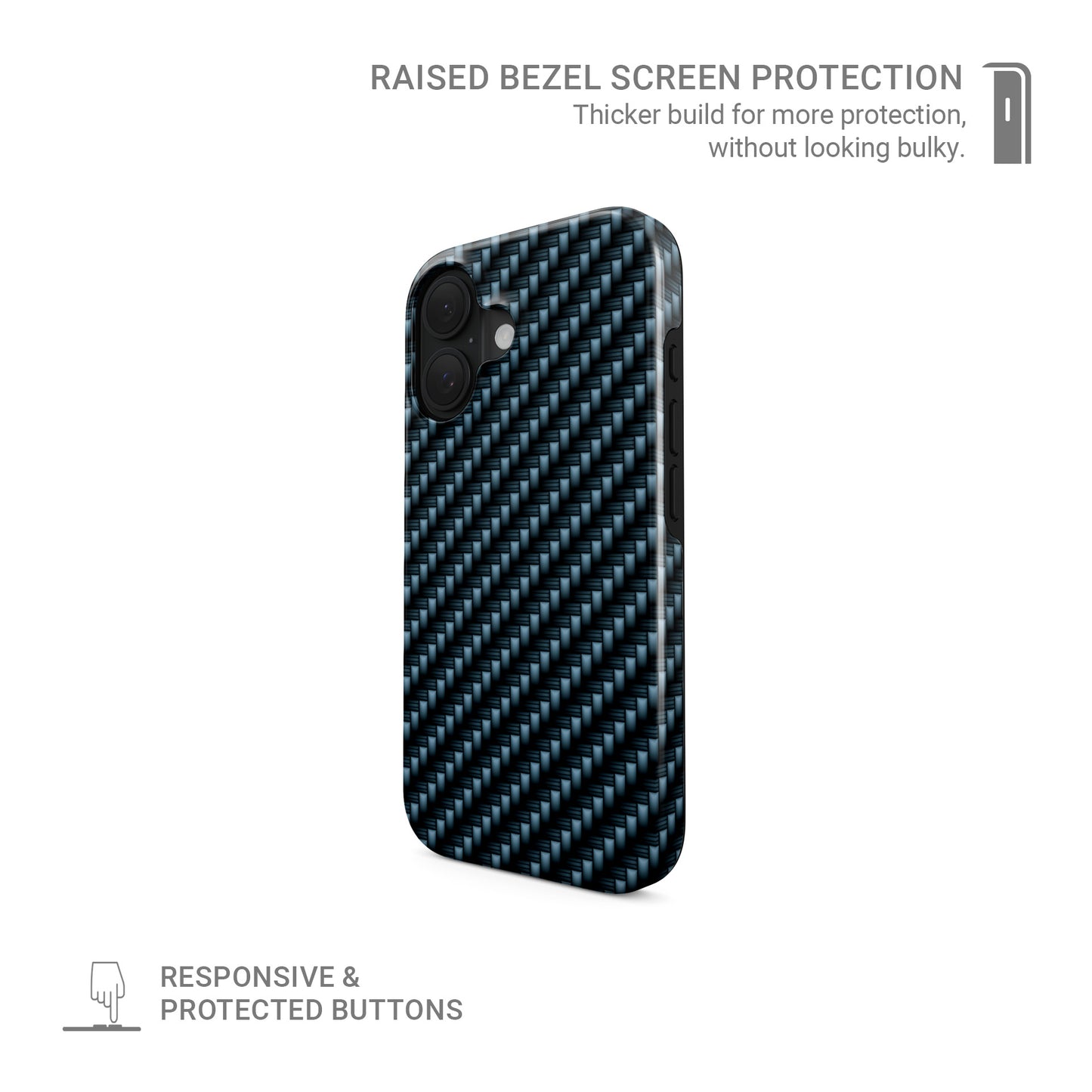 Blue carbon weave MagSafe tough phone case with glossy finish and dual layer protection