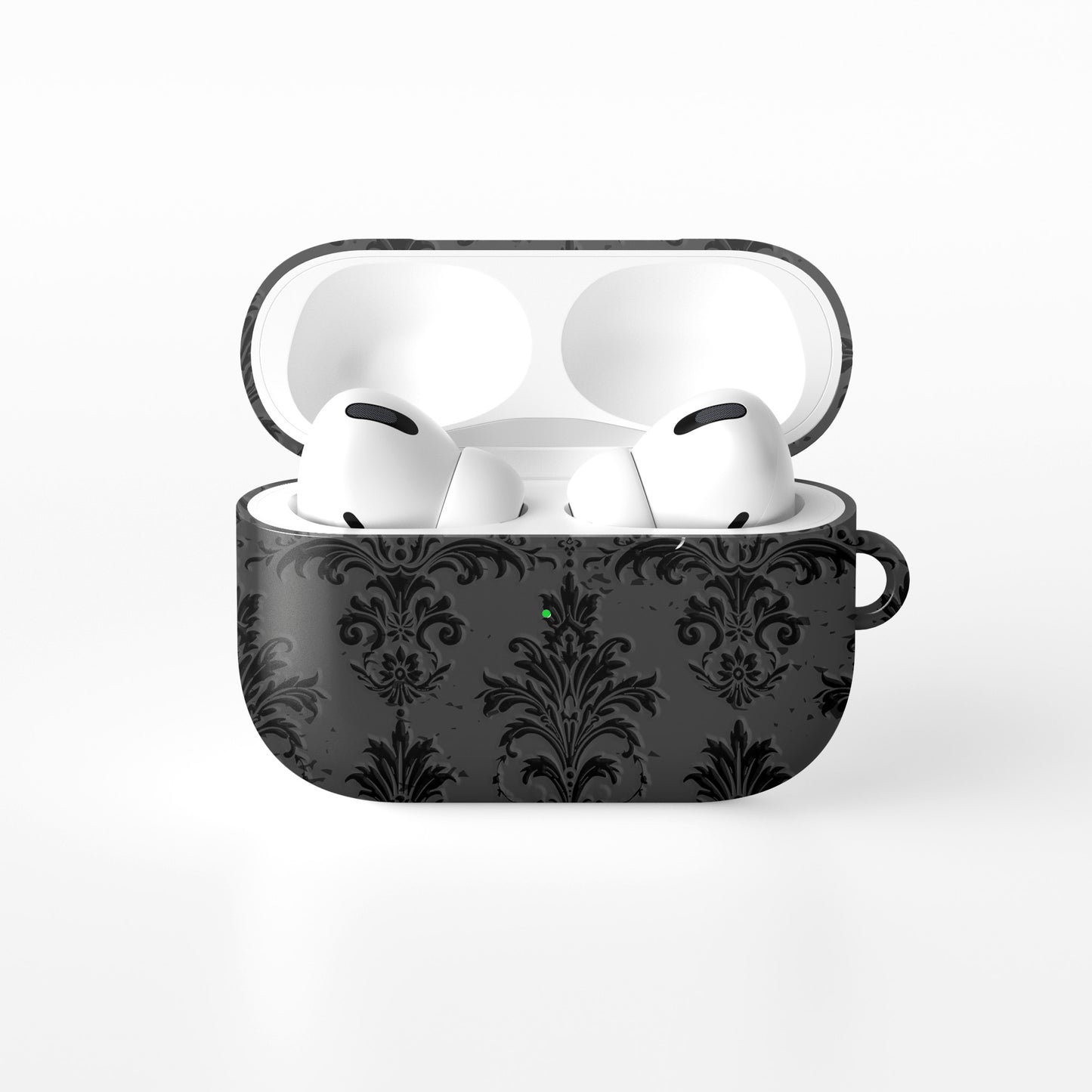 Dark Majesty AirPods Tough Case with black and grey damask baroque vintage print, glossy finish, and impact-resistant single-shell design.