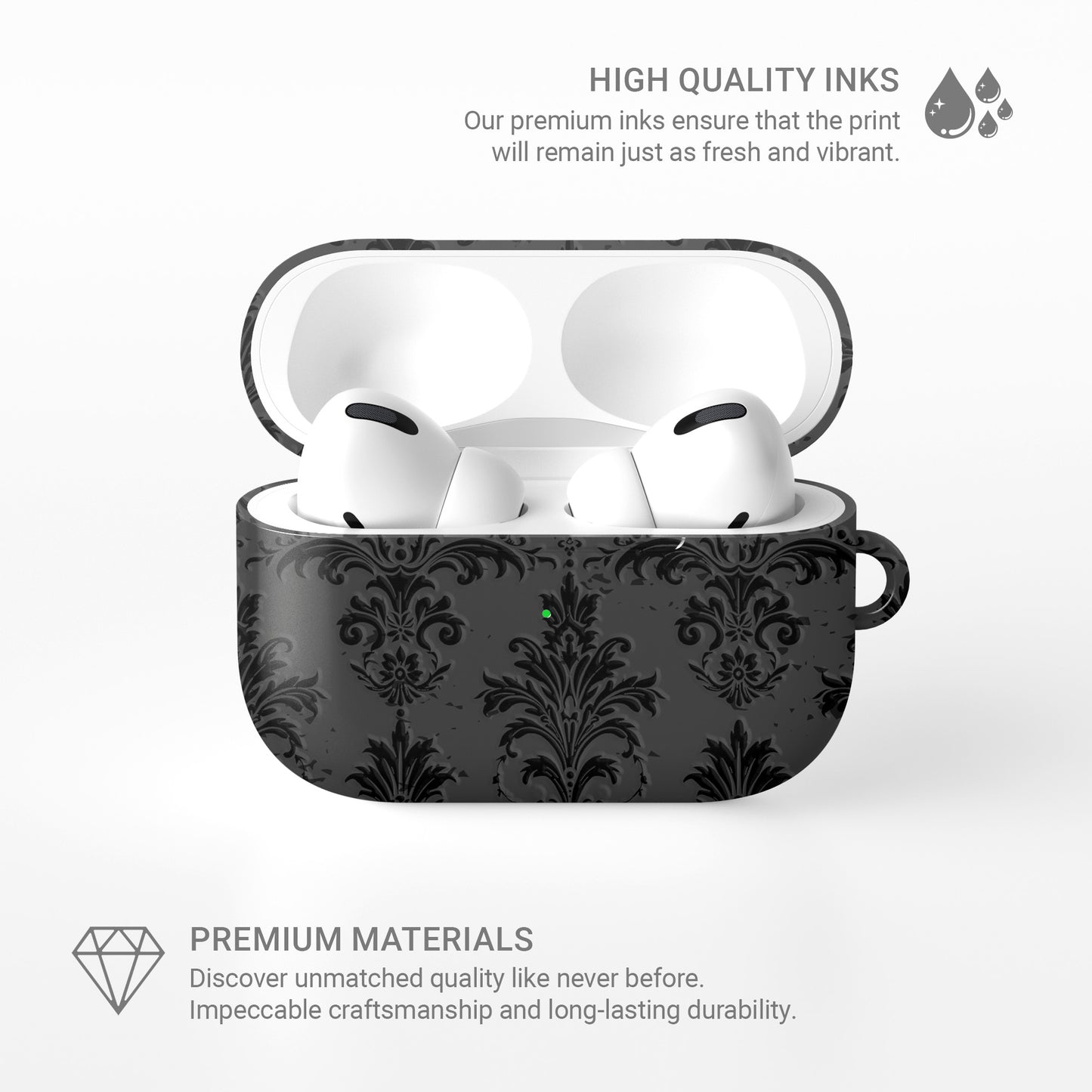 Dark Majesty AirPods Tough Case with black and grey damask baroque vintage print, glossy finish, and impact-resistant single-shell design.