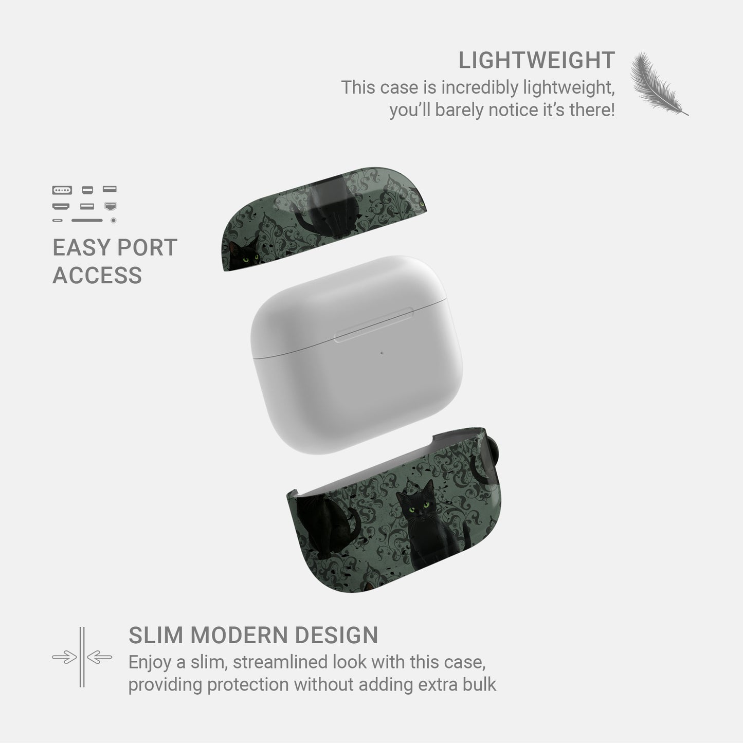 Silent Guardian AirPods Tough Case with black cat artwork, glossy finish, and impact-resistant single-shell design.