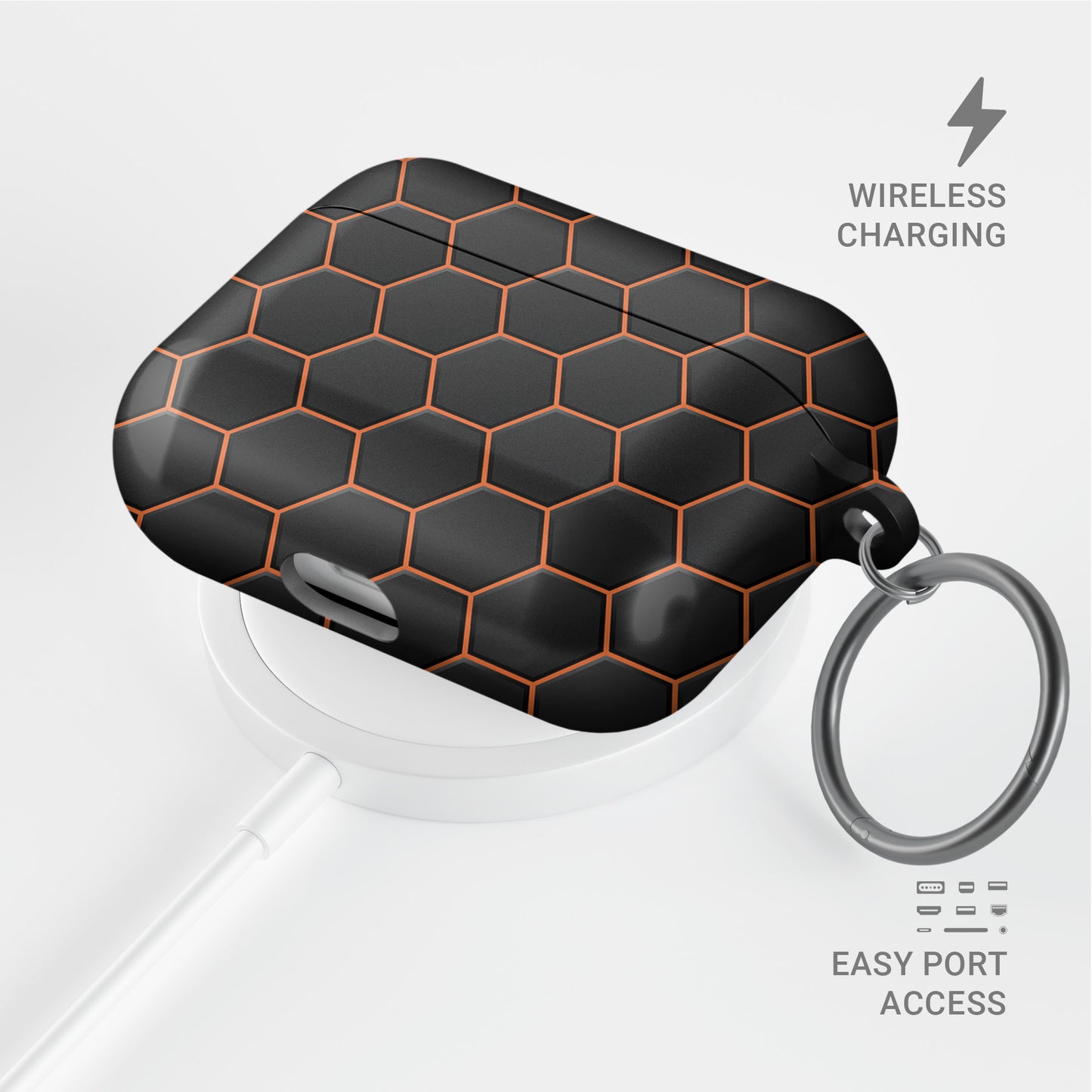 Copper Surge AirPods tough case with black and copper honeycomb hexagon pattern, glossy finish, modern geometric design, flat printed texture