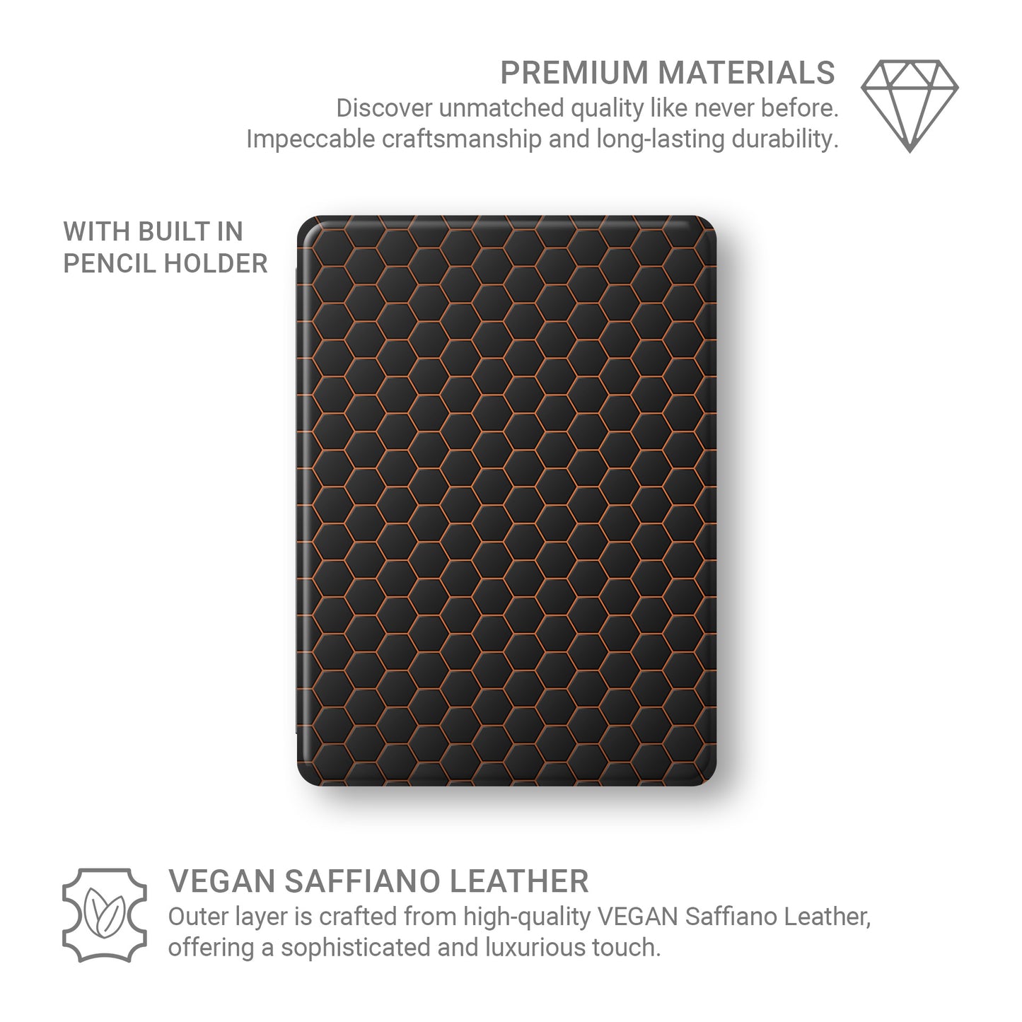 Copper Surge Apple iPad case with matte black and copper geometric design, vegan Saffiano leather exterior, Apple Pencil holder and slim protective build.