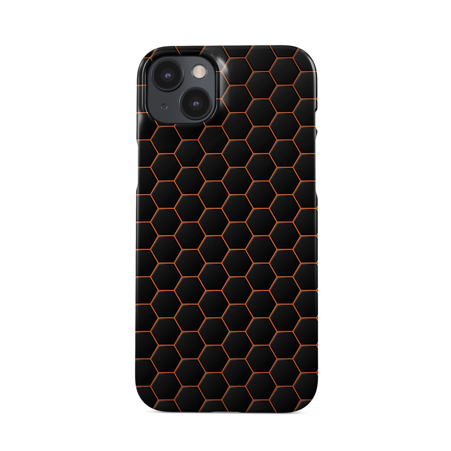 Copper Surge snap phone case with copper-orange neon hexagon pattern on a dark geometric background.