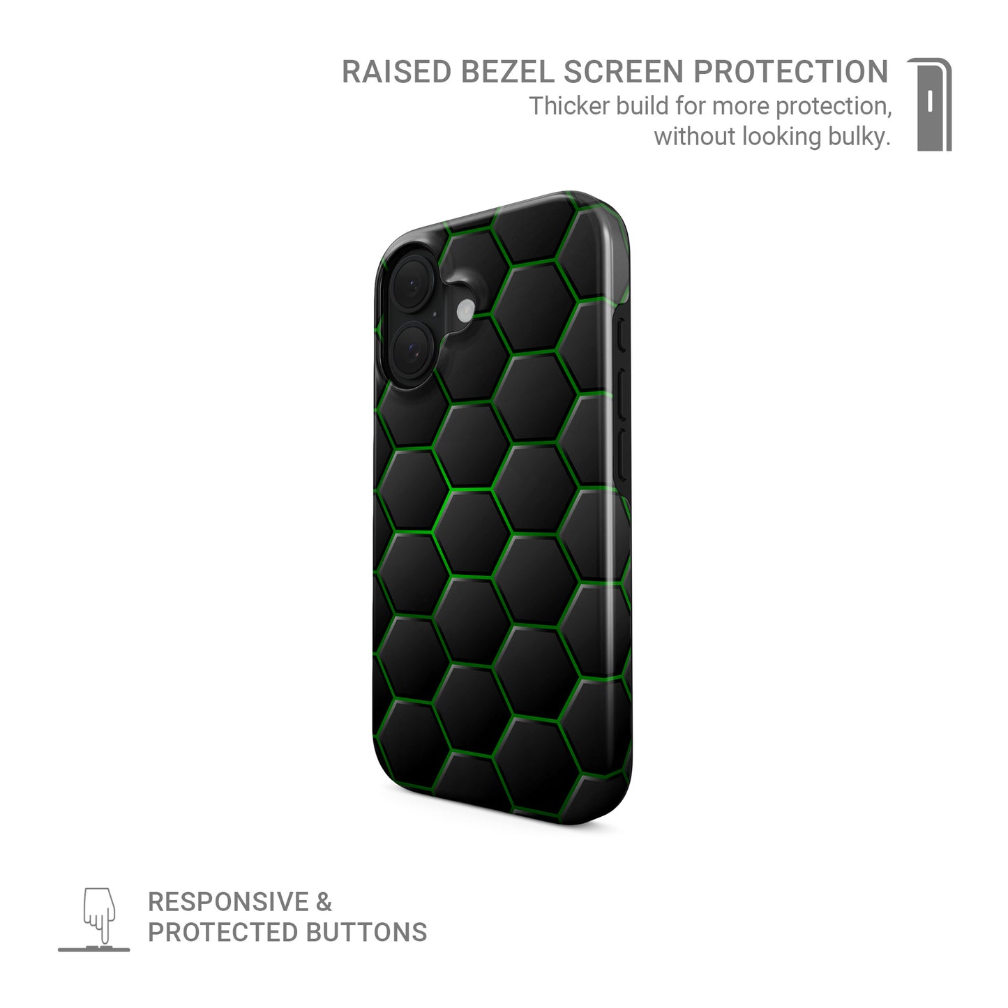 Emerald Pulse phone case with black hexagon pattern and bright green outline detailing, glossy modern finish.