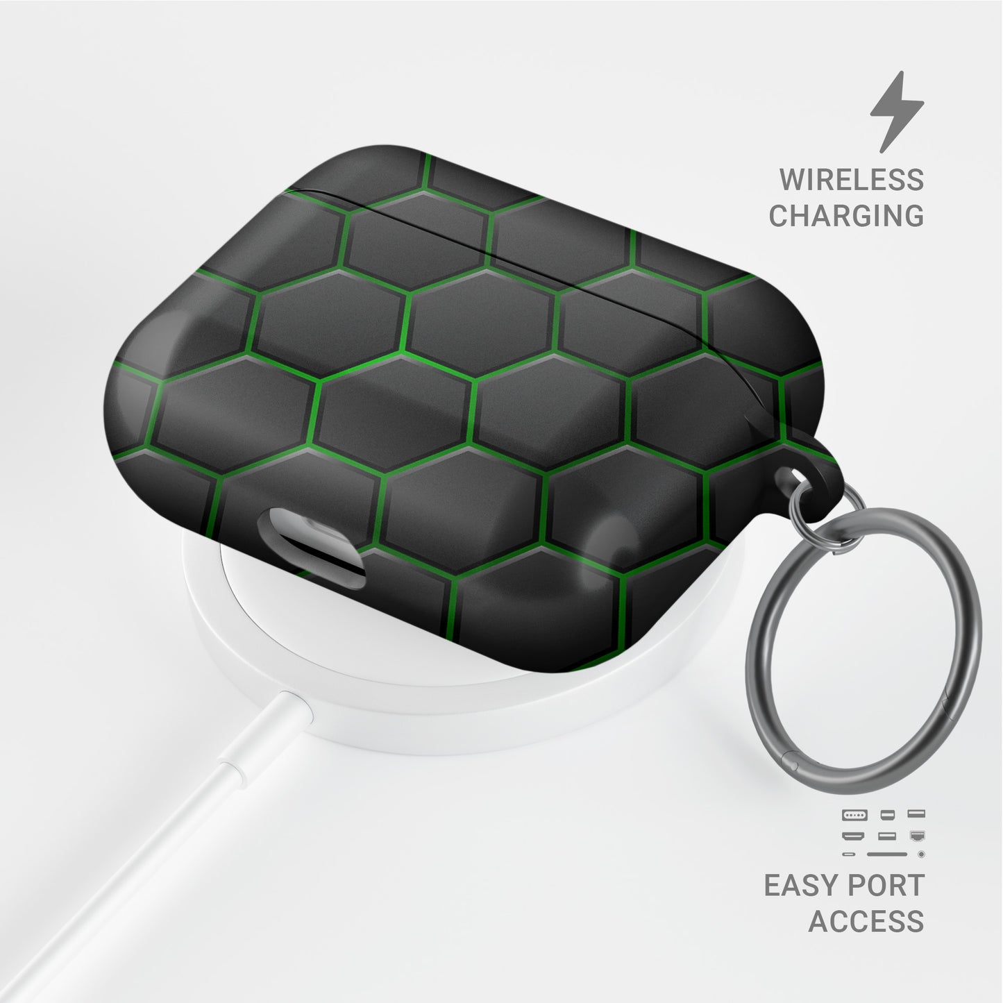Emerald Pulse AirPods tough case with black and green honeycomb hexagon pattern, glossy finish, modern geometric design, flat printed texture.