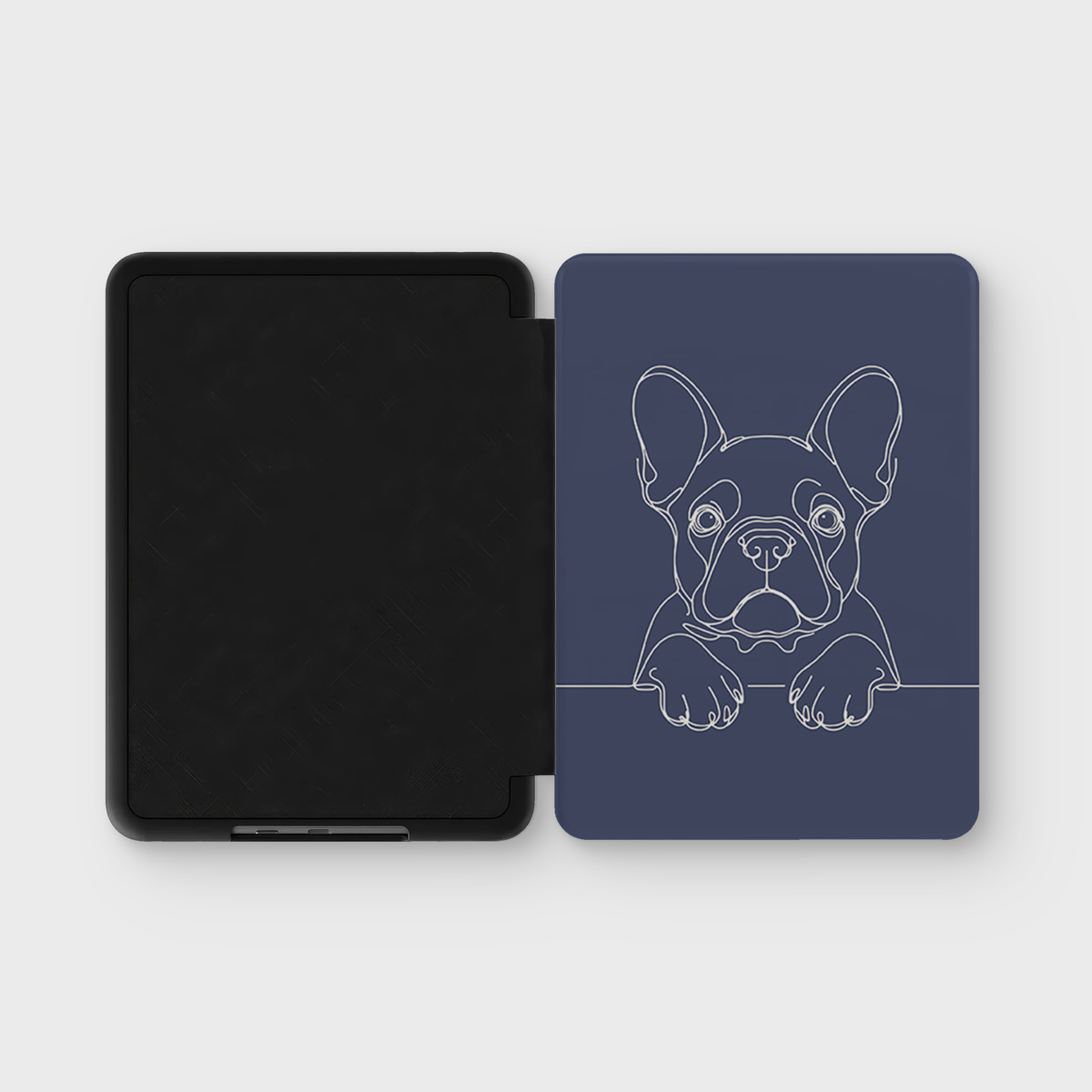 French Bulldog line art Kindle case in Midnight Blue — open folio showing the inner shell and printed cover.