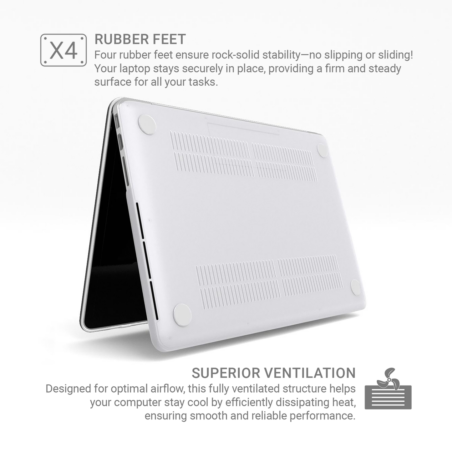 Mackbook case info graphic - rubber feet and ventilation by case and charm