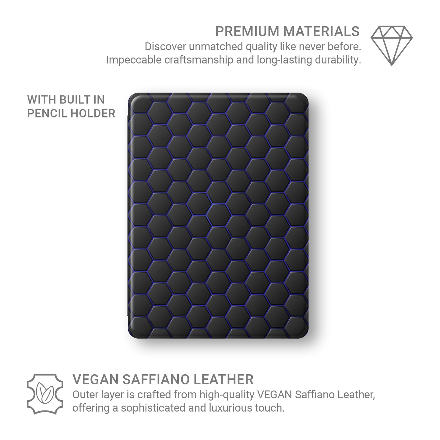 Midnight Voltage Apple iPad case with matte black and blue geometric design, vegan Saffiano leather exterior, Apple Pencil holder and slim protective build.