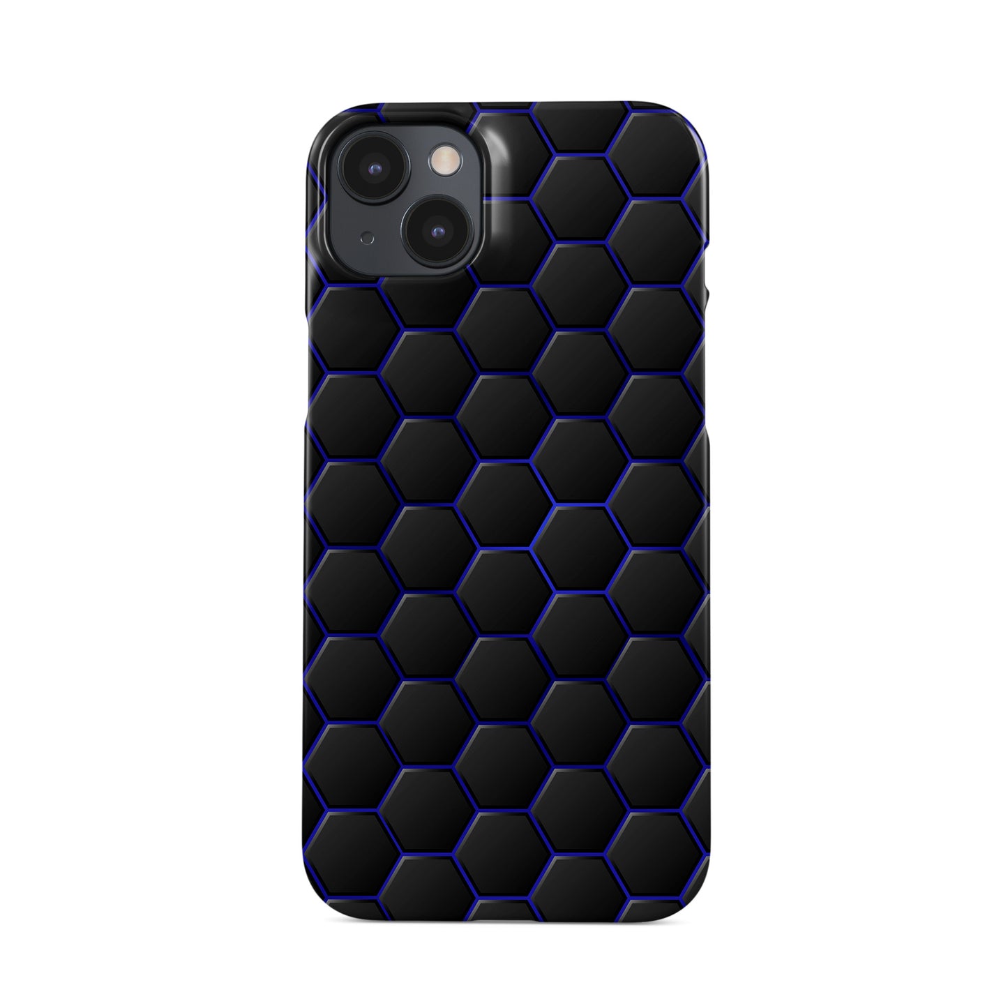 Midnight Voltage snap phone case with blue neon hexagon pattern on dark background