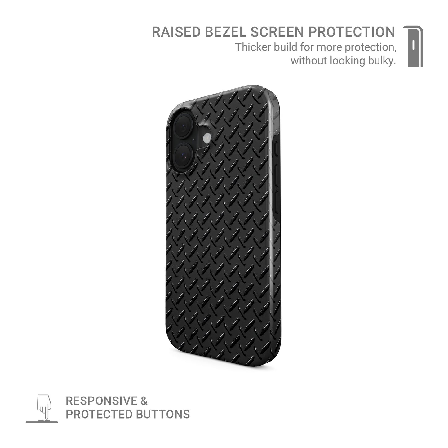 Glossy black tread-plate metal pattern printed on a dual-layer MagSafe tough phone case with industrial styling.