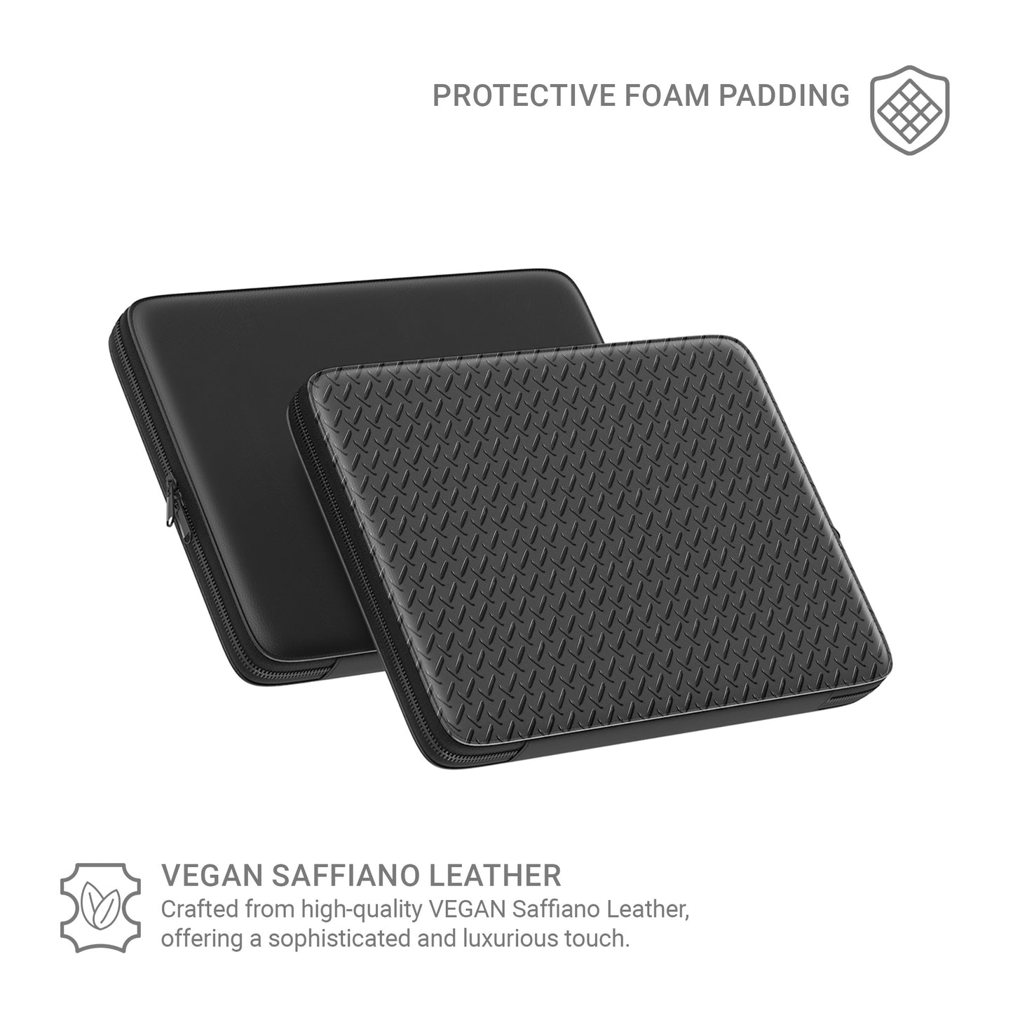 Black tread plate pattern laptop sleeve with industrial texture, slim padded design and metal zip closure