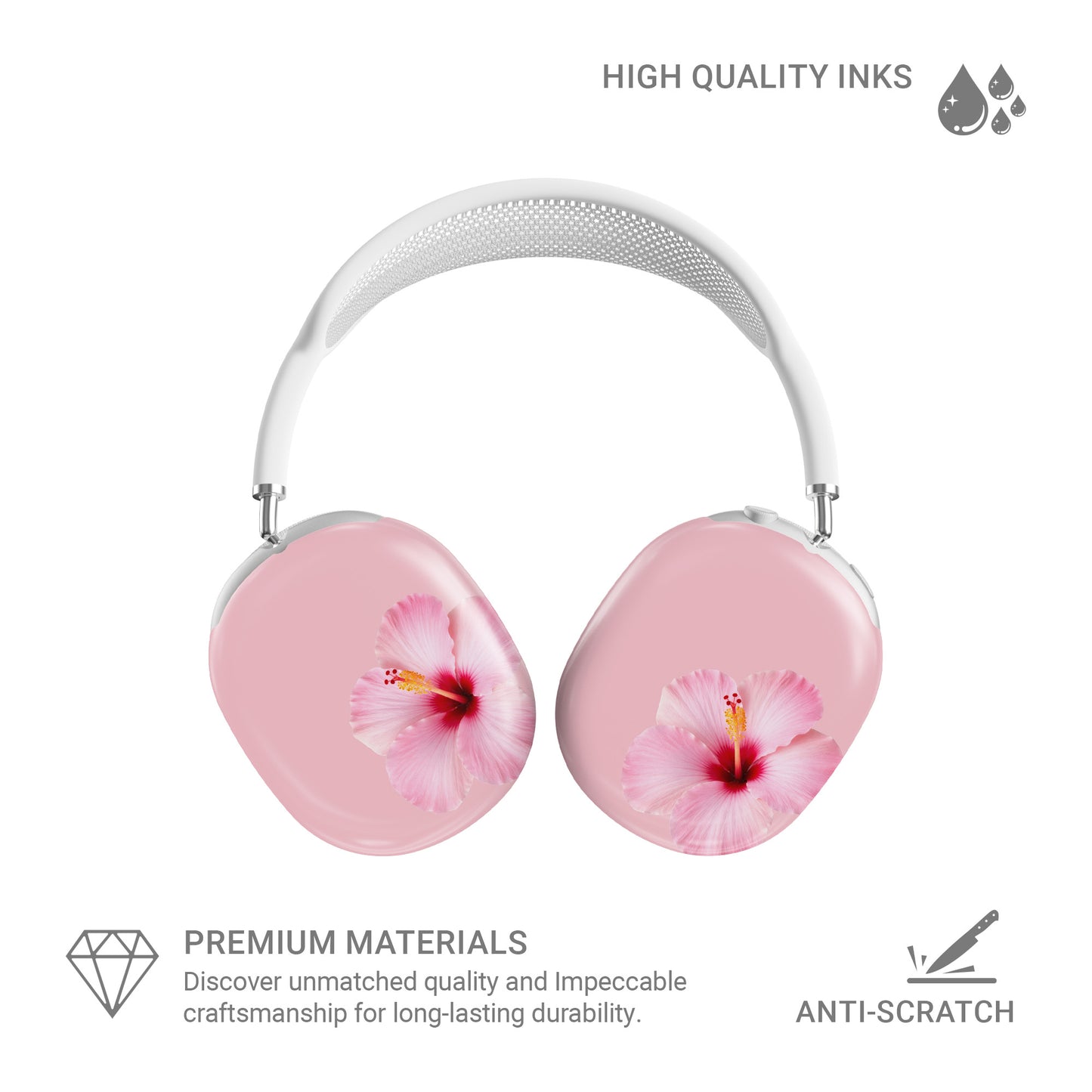 Pink hibiscus AirPods Max case with soft blush floral print on glossy headphone ear cup covers by Case & Charm.