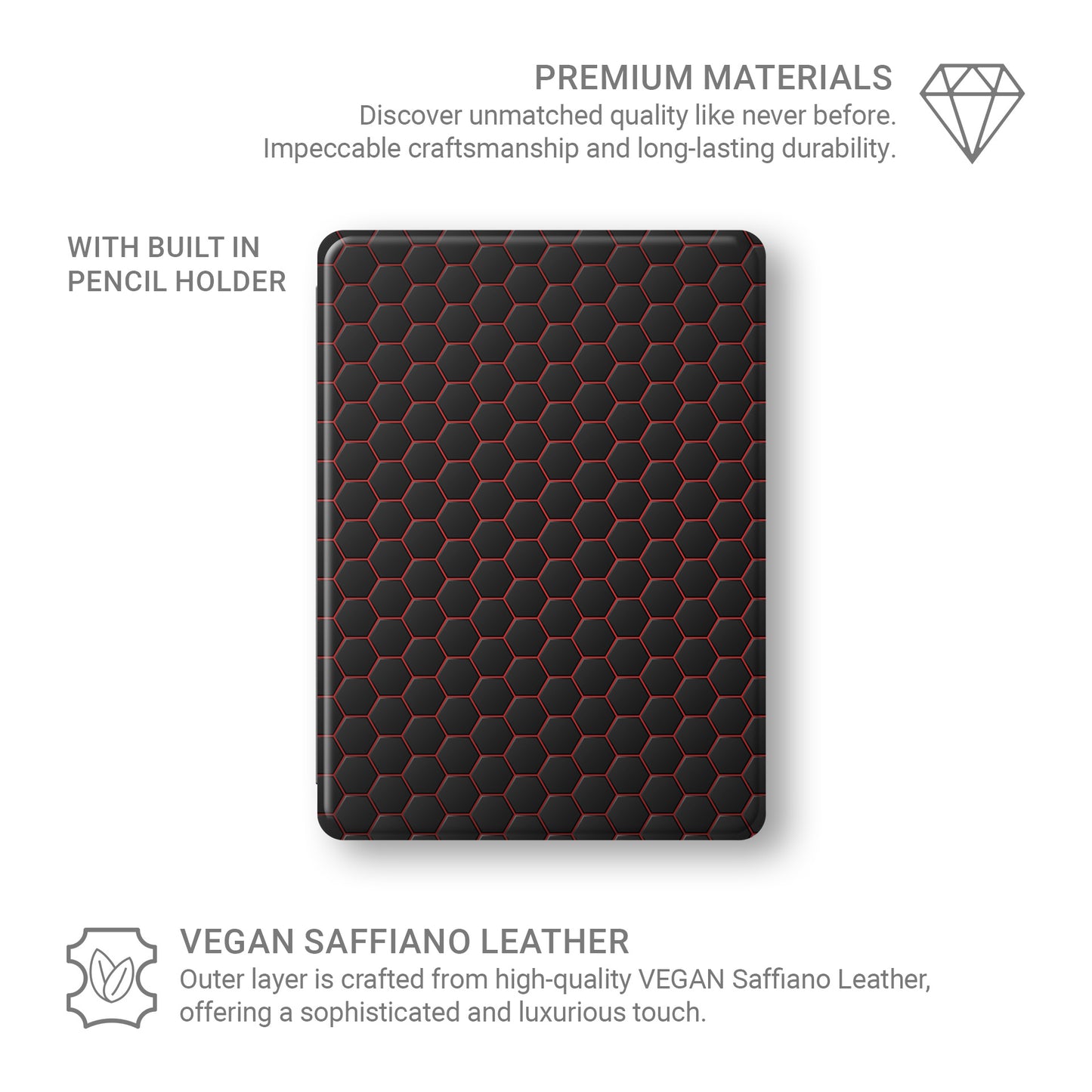 Redline Reactor Apple iPad case with matte black and red geometric design, vegan Saffiano leather exterior, Apple Pencil holder and slim protective build.