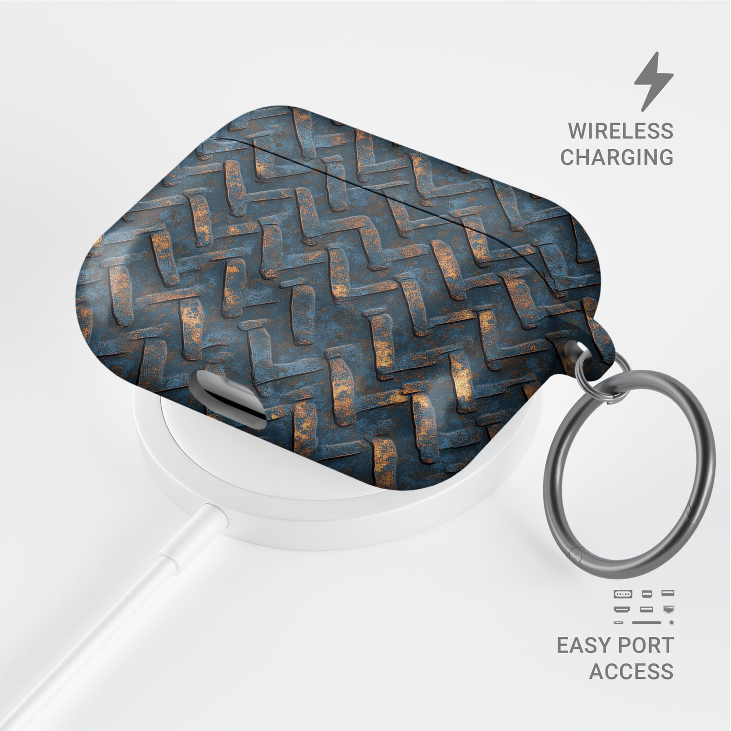 Rustfire Chevron AirPods tough case with distressed blue metal chevron pattern and glossy hard shell finish