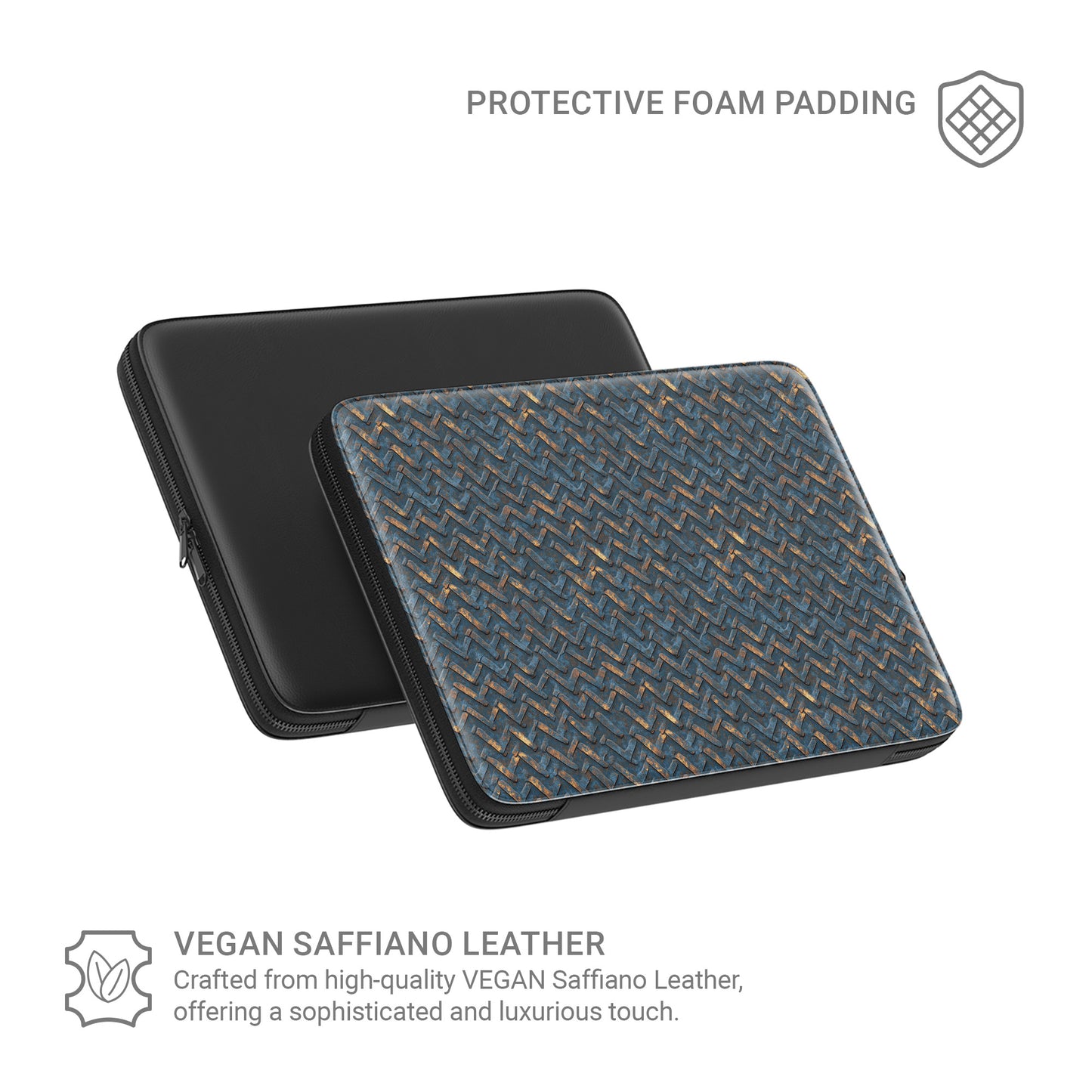 Rustfire Chevron laptop case with distressed blue metal and copper chevron pattern in a slim padded sleeve design