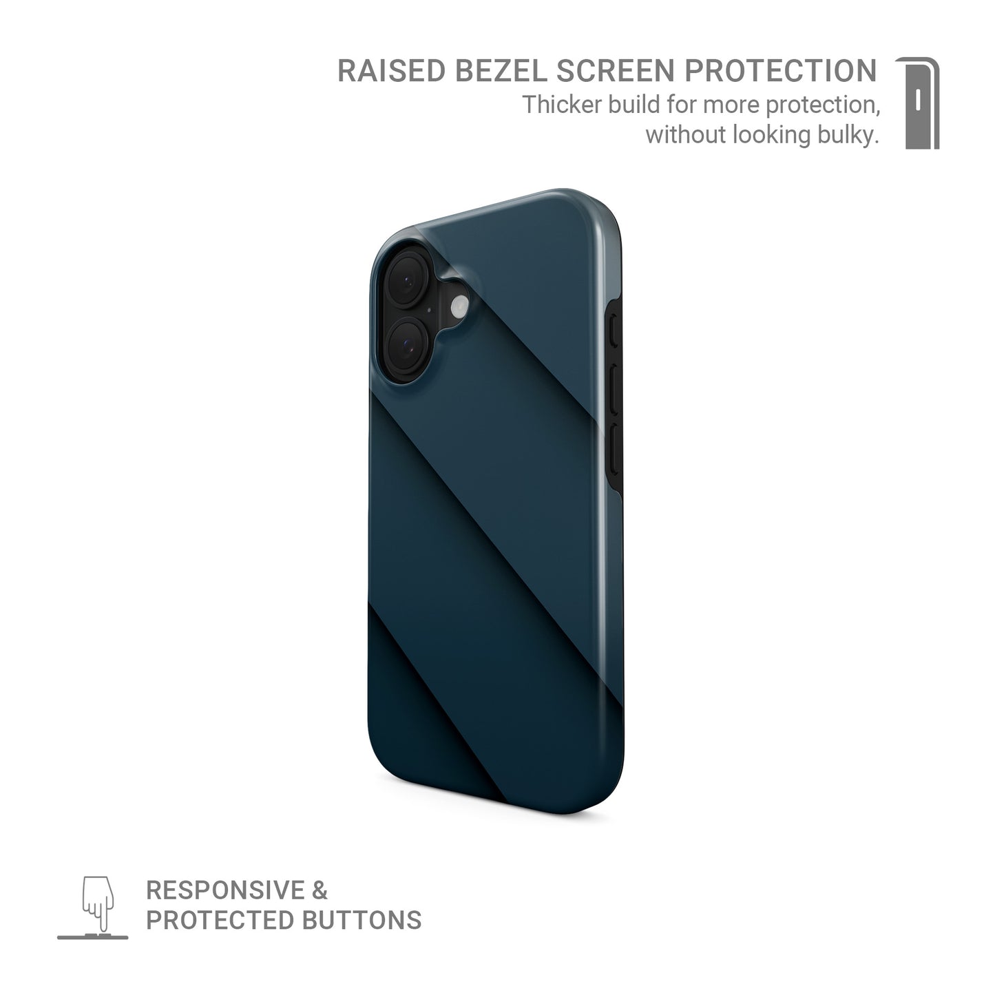 Deep blue diagonal layered MagSafe tough phone case with glossy minimal geometric design