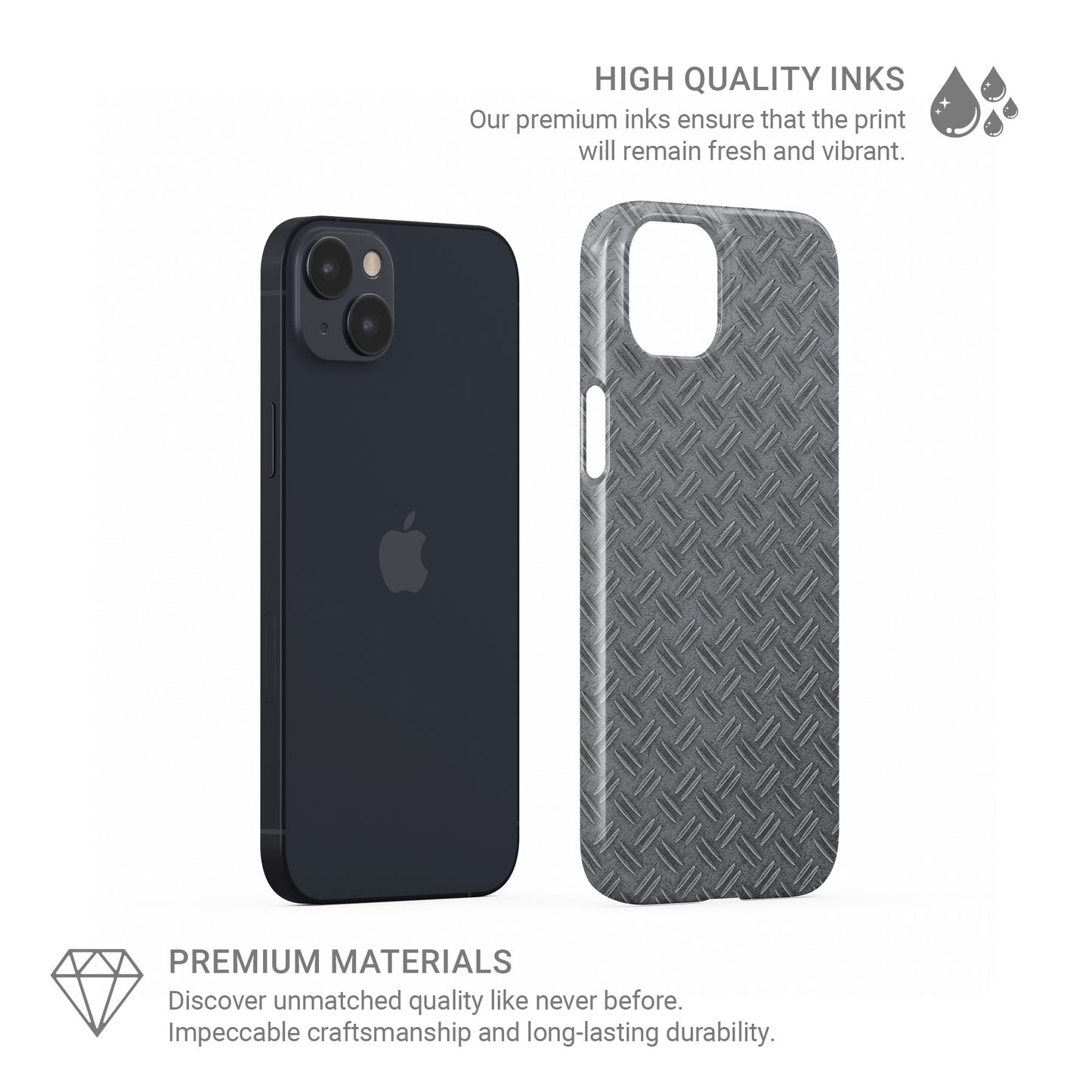 Glossy silver tread-plate metal pattern printed on a slim snap phone case with industrial styling.