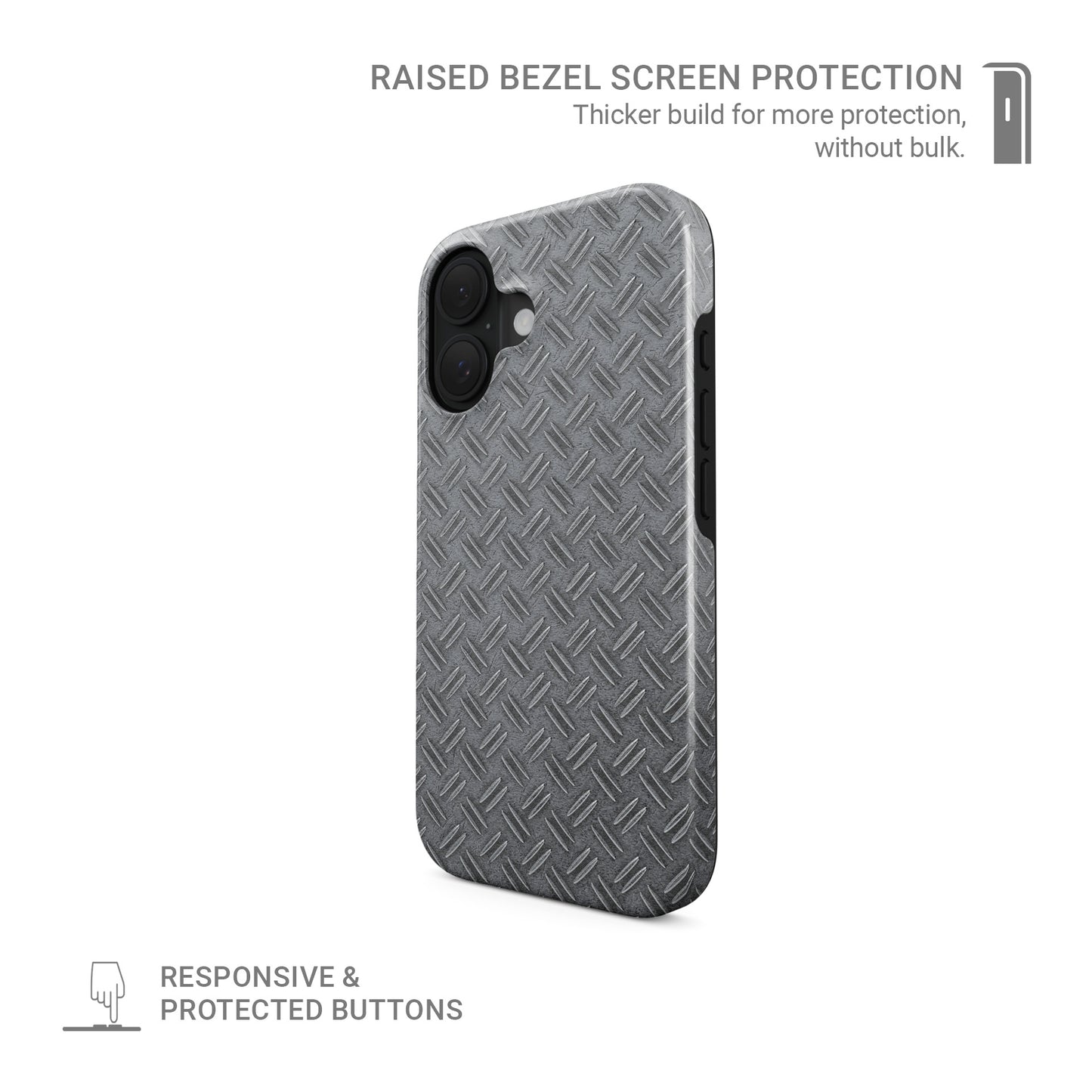 Grey industrial tread plate pattern printed as a flat design for modern tech accessories.