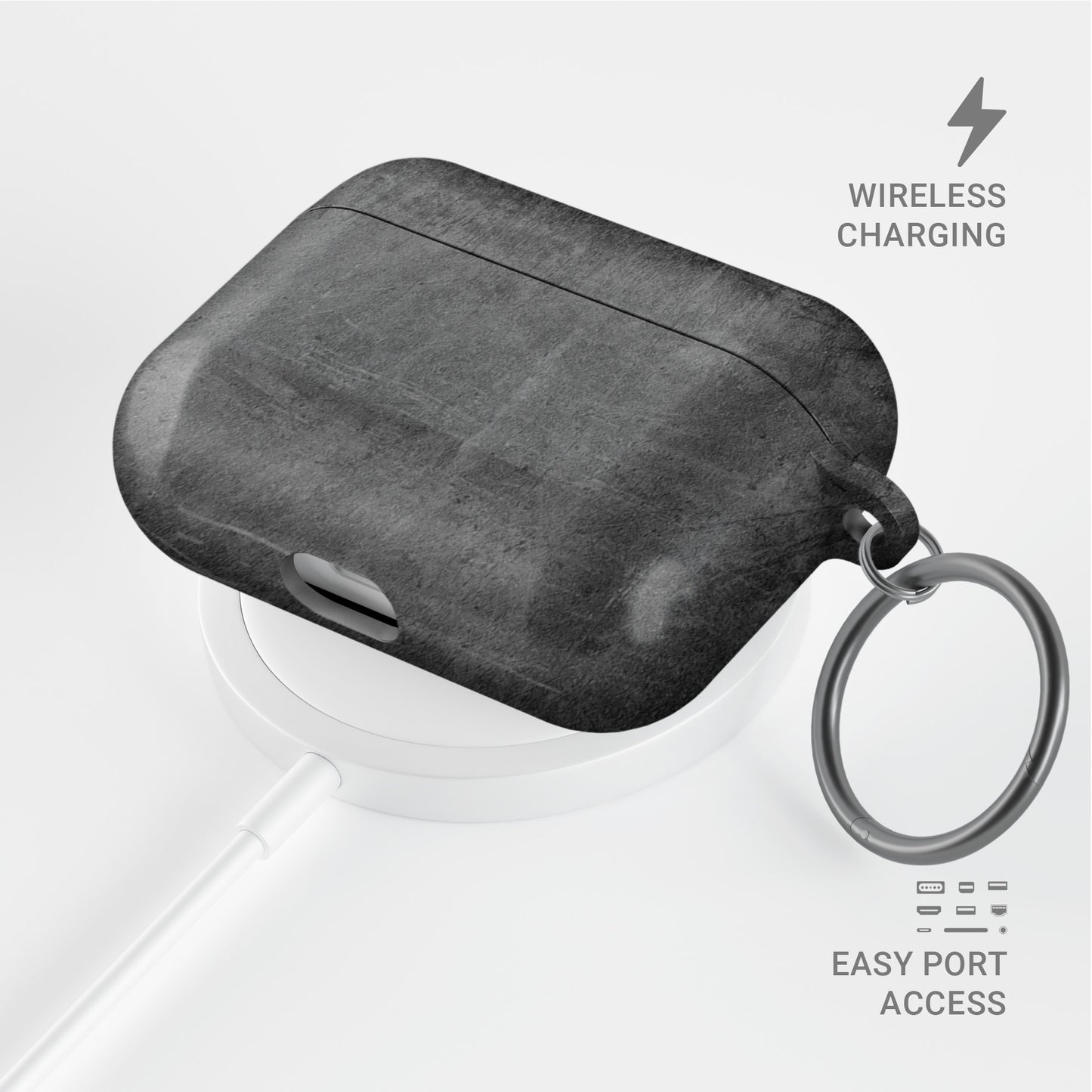 Urban Slate AirPods tough case with grey concrete texture and glossy hard shell finish