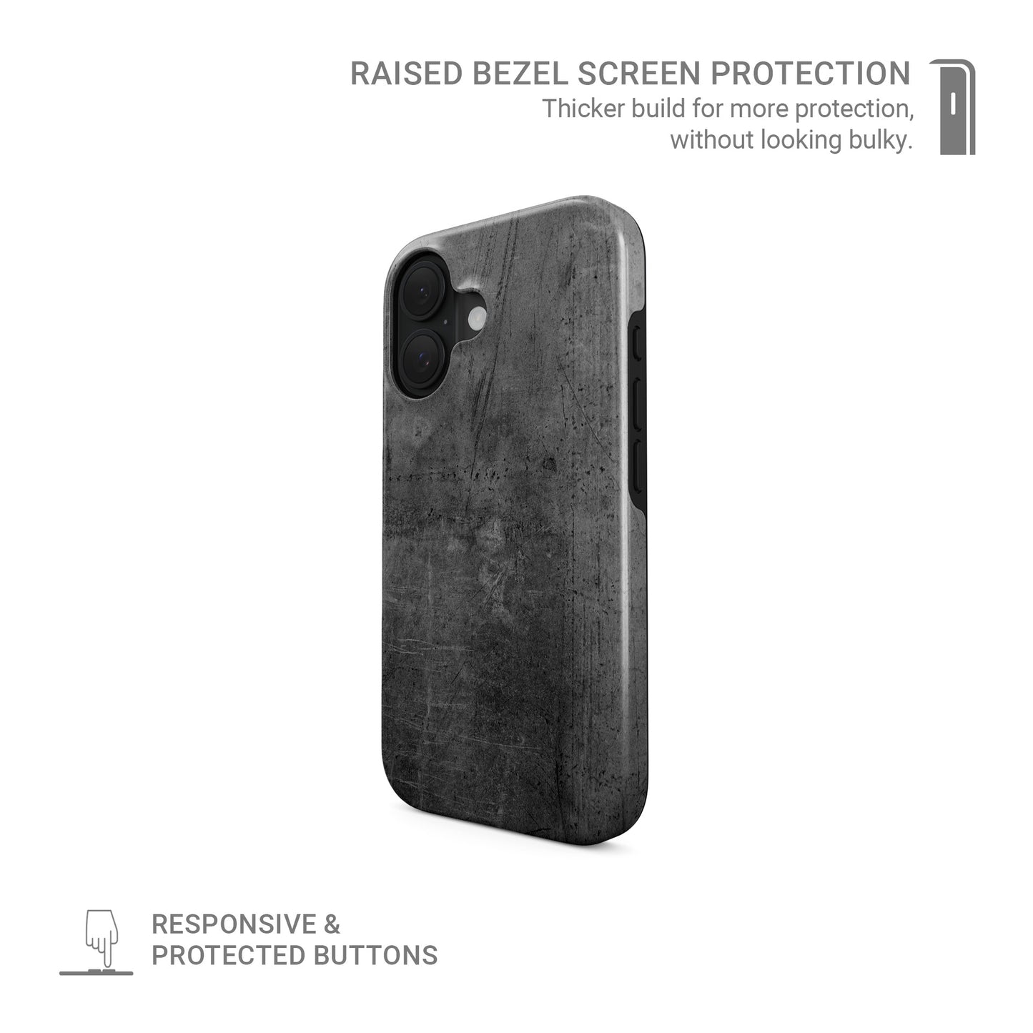 Grey concrete textured MagSafe tough phone case with glossy finish and dual layer protection