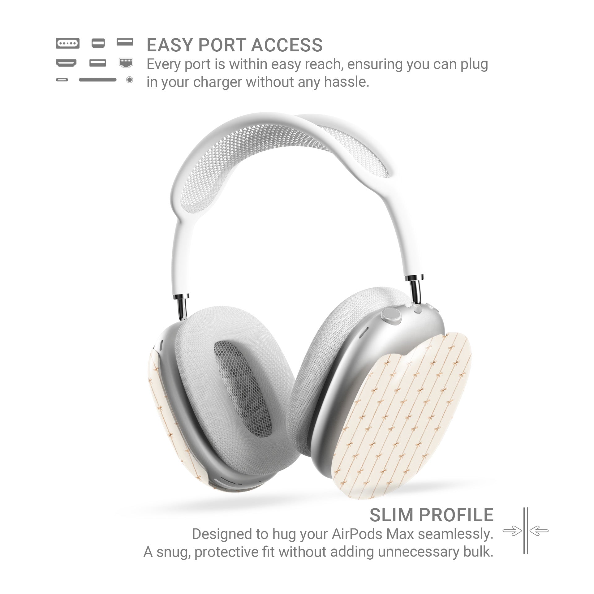 Protective AirPods Max cover in playful ribbon bow pattern