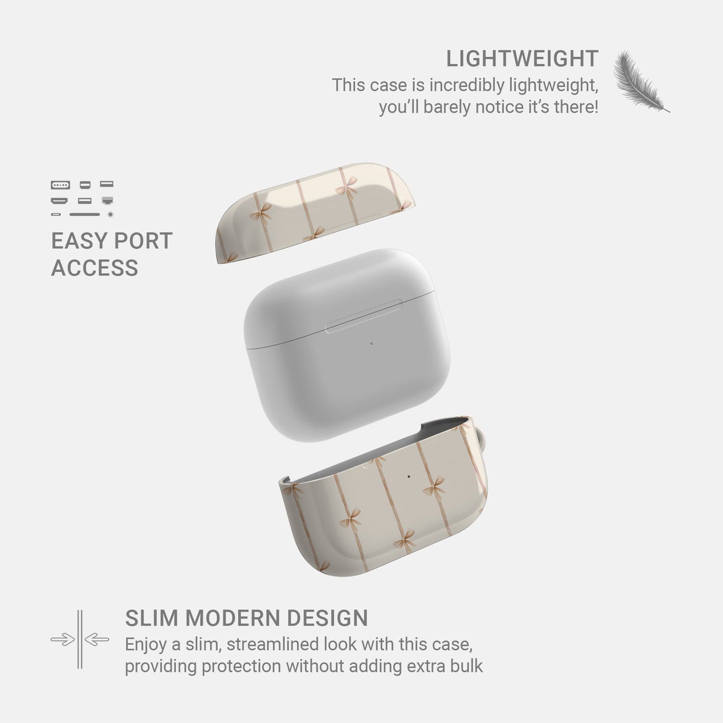 AirPods tough case with neutral bow ribbon pattern