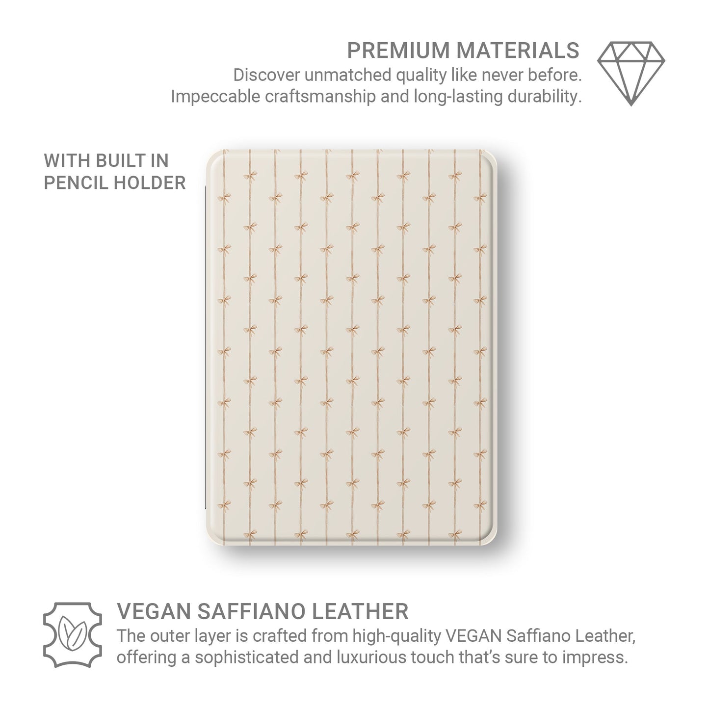 Durable iPad case with chic ribbon bow artwork and pencil holder slot