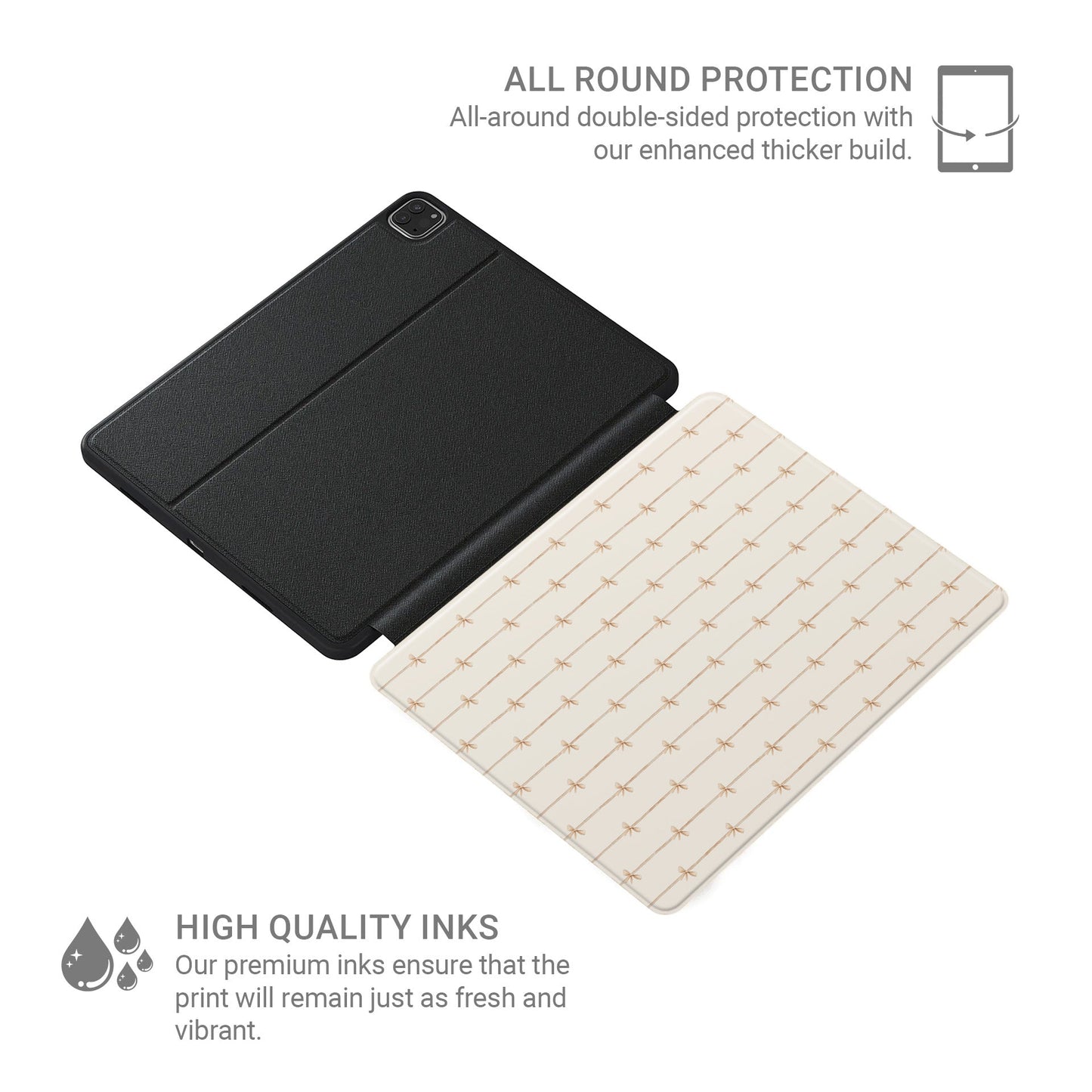 Durable iPad case with chic ribbon bow artwork and pencil holder slot