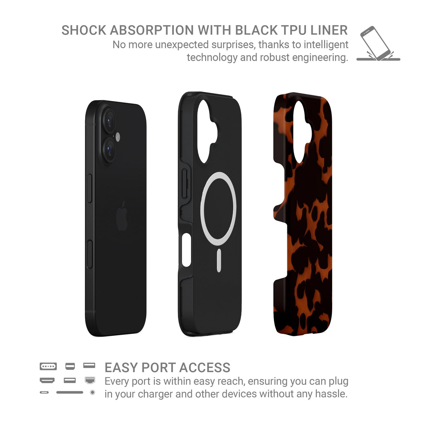 Amber Eclipse MagSafe tough phone case with tortoise shell pattern, dual layer build, and magnetic charging compatibility.