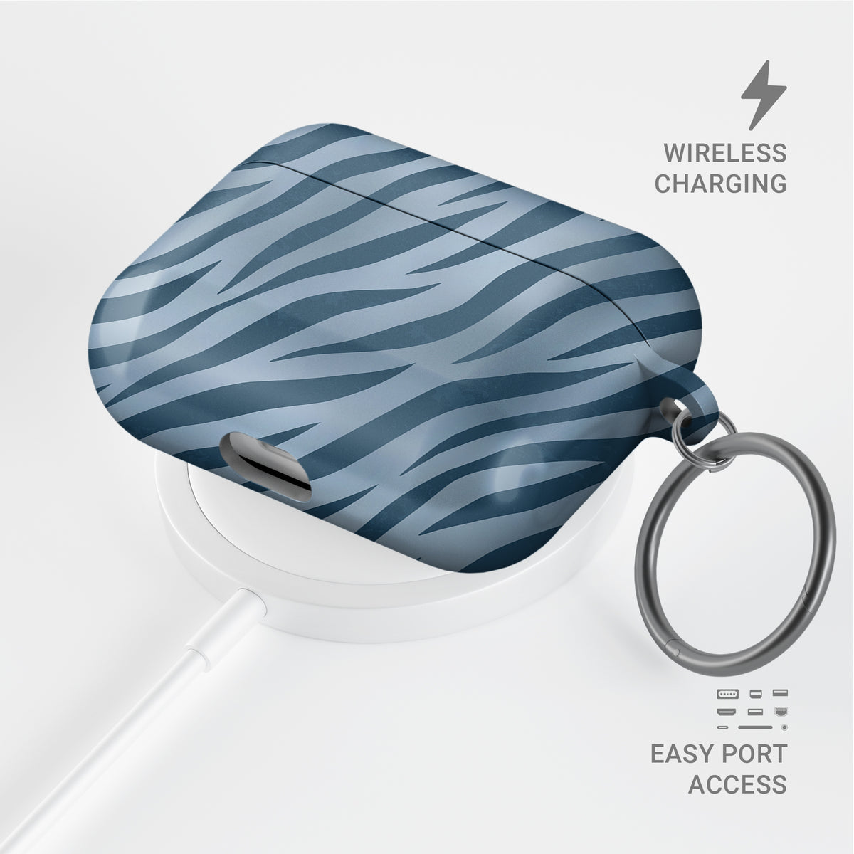 Skylark Canter AirPods Case with deep blue zebra stripes on powder blue from the Wild Atelier collection.