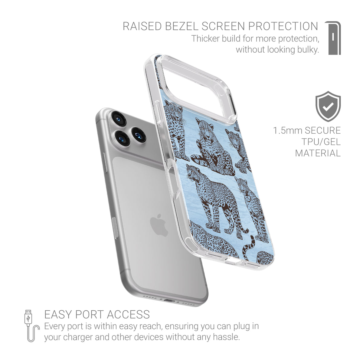 Dappled Darling TPU Clear Case with illustrated chocolate-brown leopards on powder blue from the Wild Atelier collection.