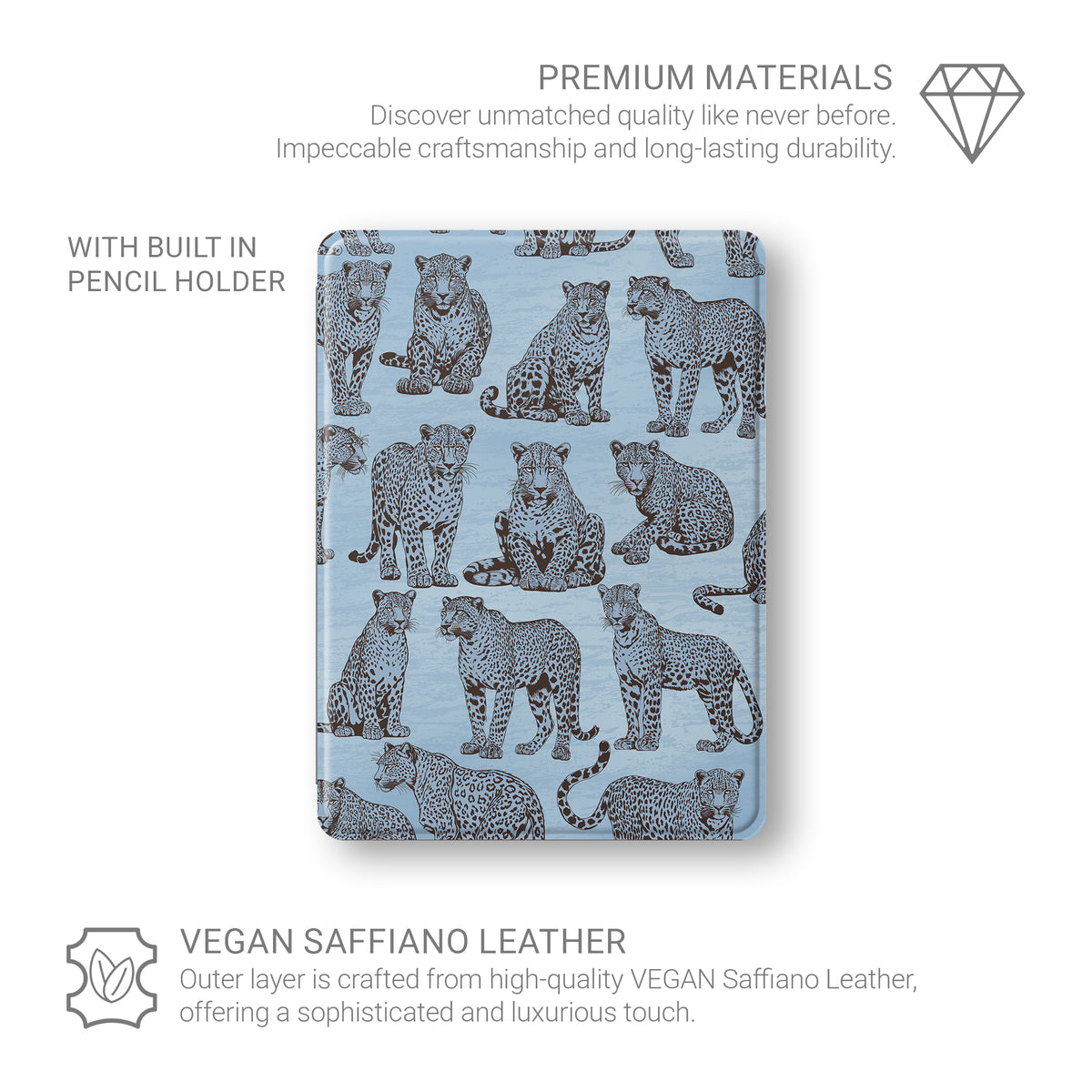 Dappled Darling iPad Folio Case with illustrated chocolate-brown leopards on powder blue from the Wild Atelier collection.