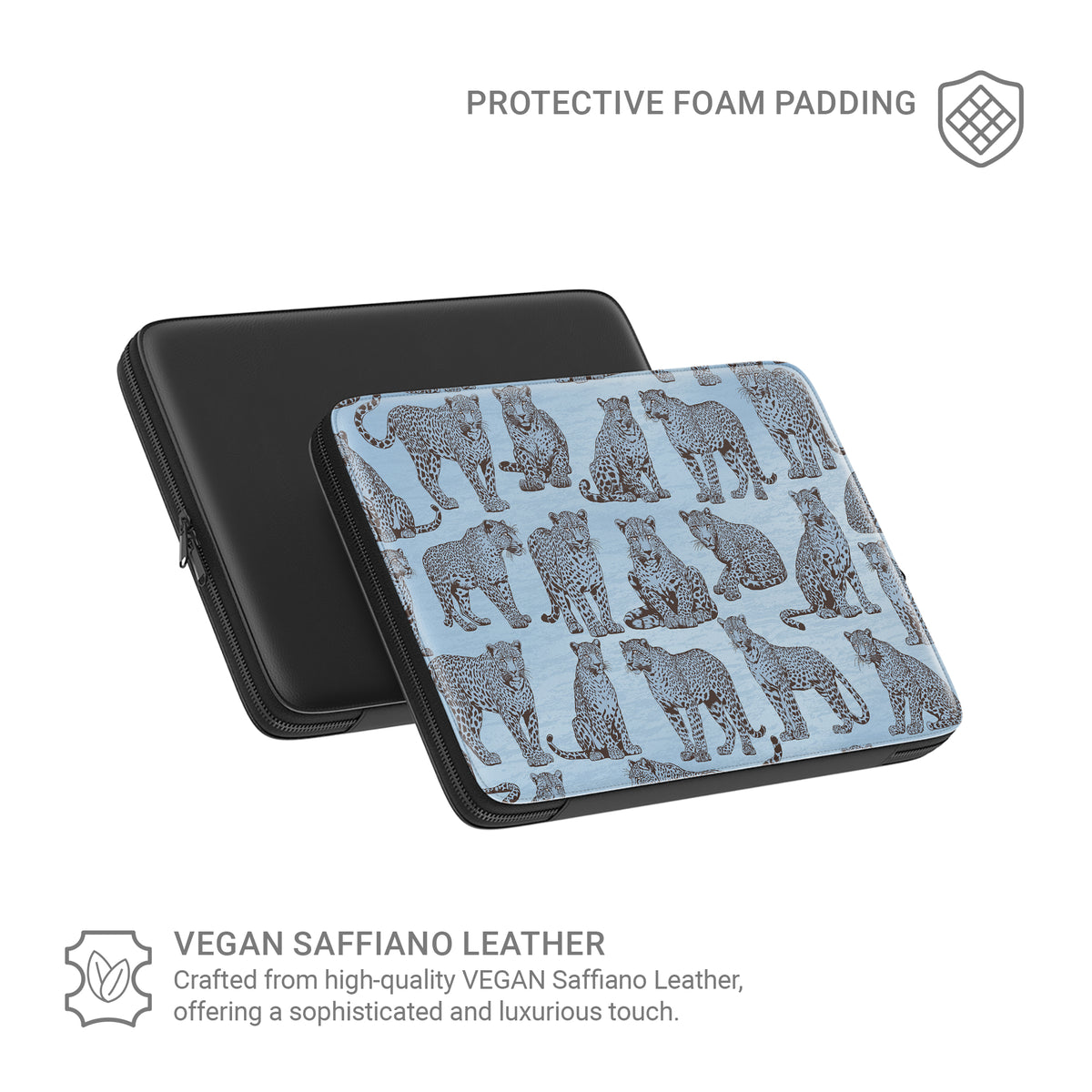 Dappled Darling Laptop Sleeve with illustrated chocolate-brown leopards on powder blue from the Wild Atelier collection.