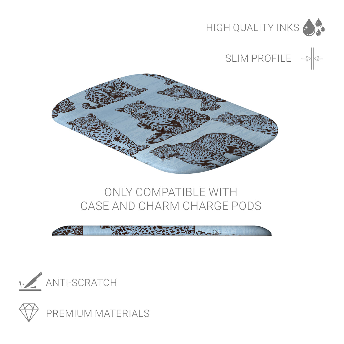 Dappled Darling Power Bank Shell with illustrated chocolate-brown leopards on powder blue from the Wild Atelier collection.