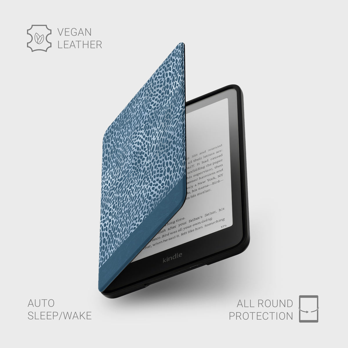 Poppy Blue Kindle Case with deep blue animal spots scattered over powder blue from the Wild Atelier collection.
