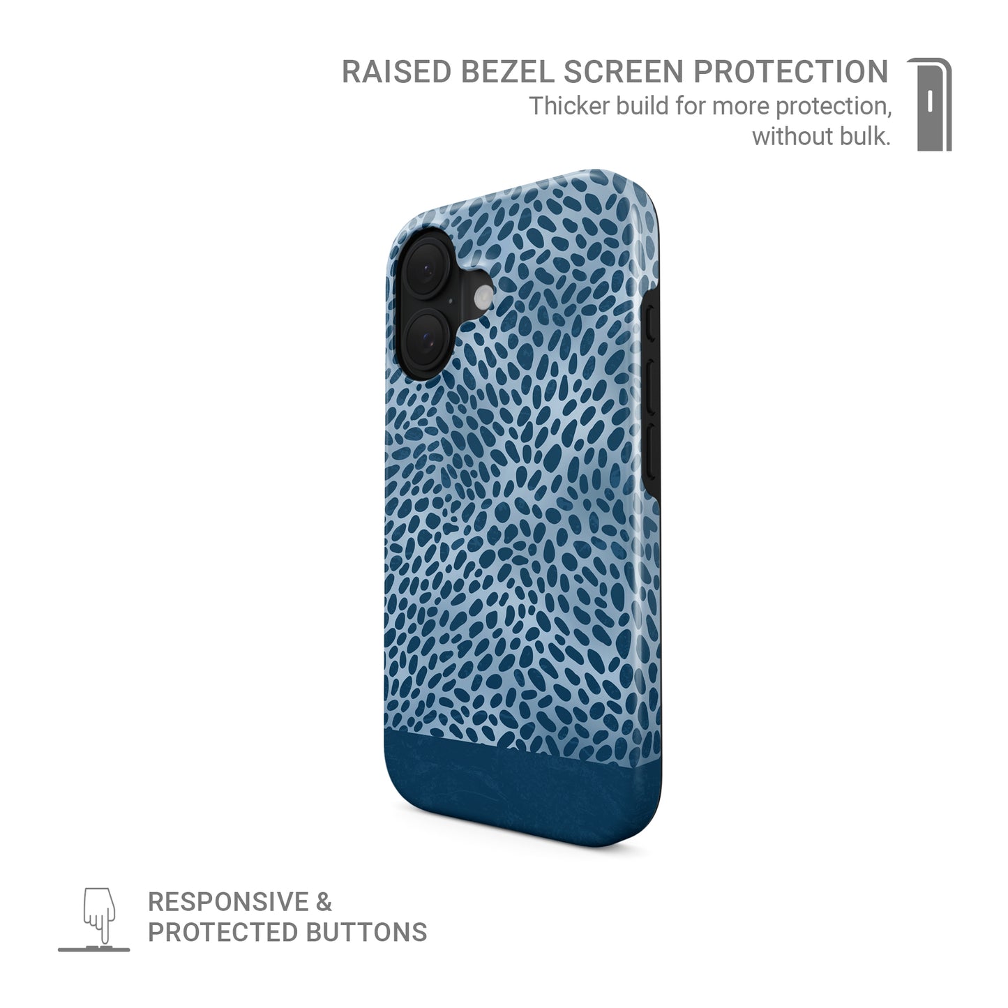 Poppy Blue Tough Phone Case with deep blue animal spots scattered over powder blue from the Wild Atelier collection.