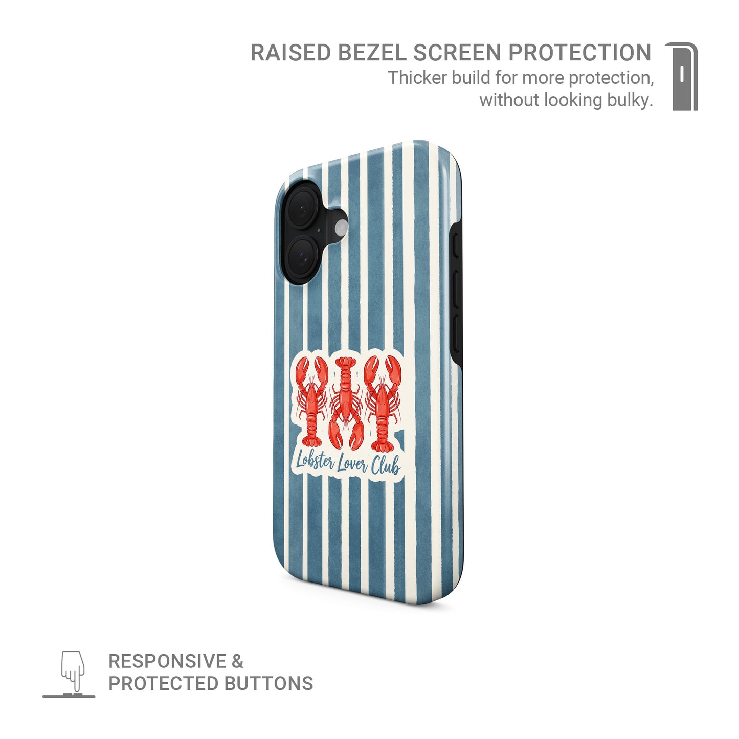 MagSafe tough phone case design with three red lobsters, blue vertical stripes and the words Lobster Lover Club.
