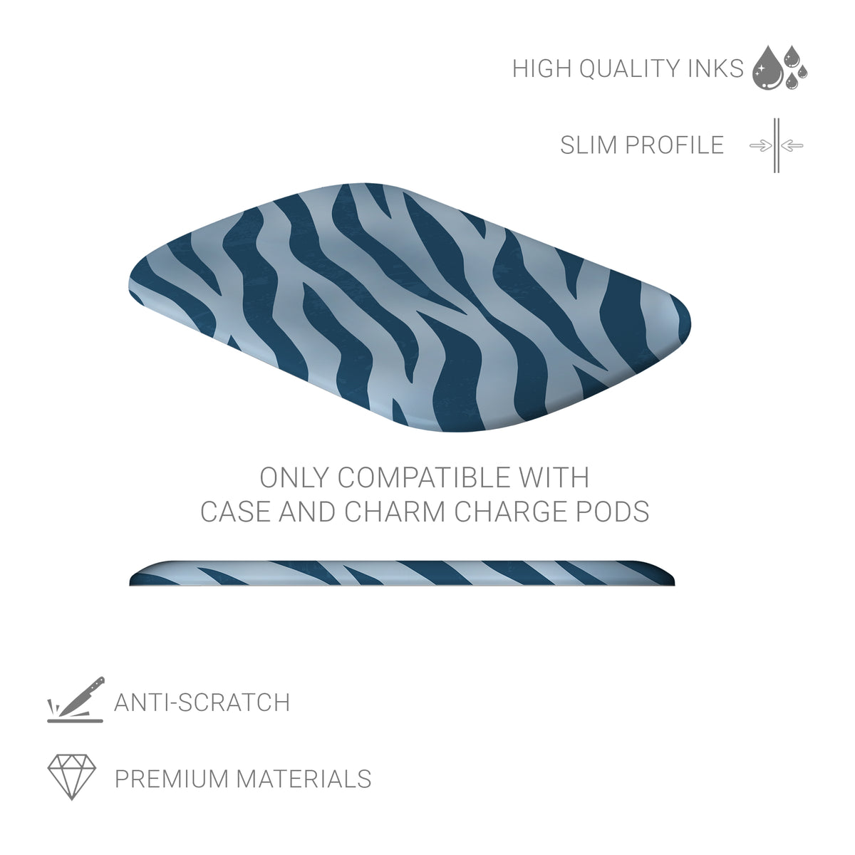 Skylark Canter Power Bank Shell with deep blue zebra stripes on powder blue from the Wild Atelier collection.