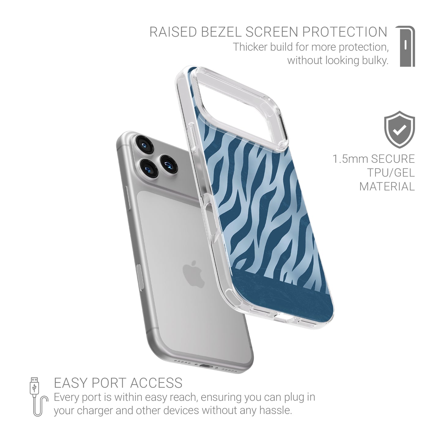 Skylark Canter TPU Clear Case with deep blue zebra stripes on powder blue from the Wild Atelier collection.