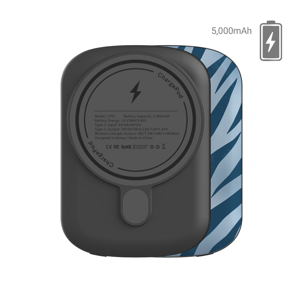 Skylark Canter Power Bank with deep blue zebra stripes on powder blue from the Wild Atelier collection.