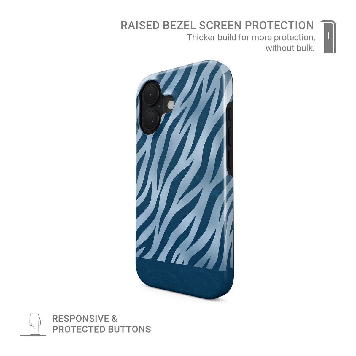 Skylark Canter Tough Phone Case with deep blue zebra stripes on powder blue from the Wild Atelier collection.