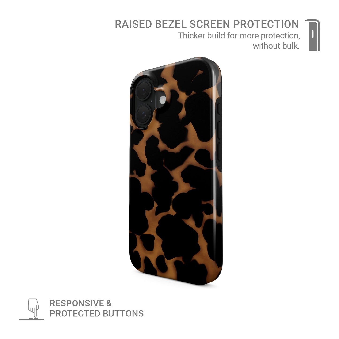 Bronzed Ember tough phone case with bronze animal print, glossy finish, and dual-layer build for stylish everyday protection.