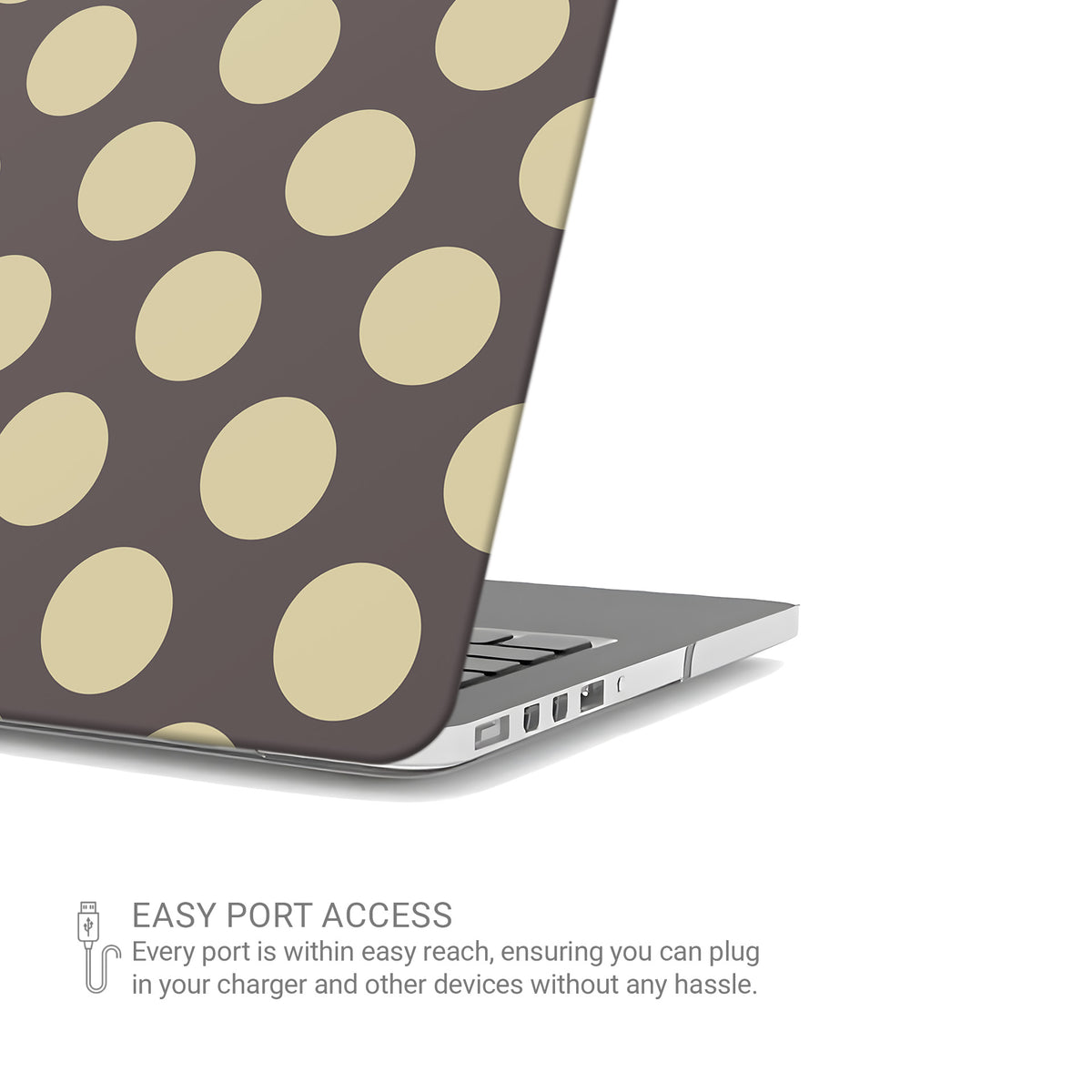Vanilla Truffle MacBook Case featuring oversized creamy vanilla polka dots on a rich cocoa-brown background.