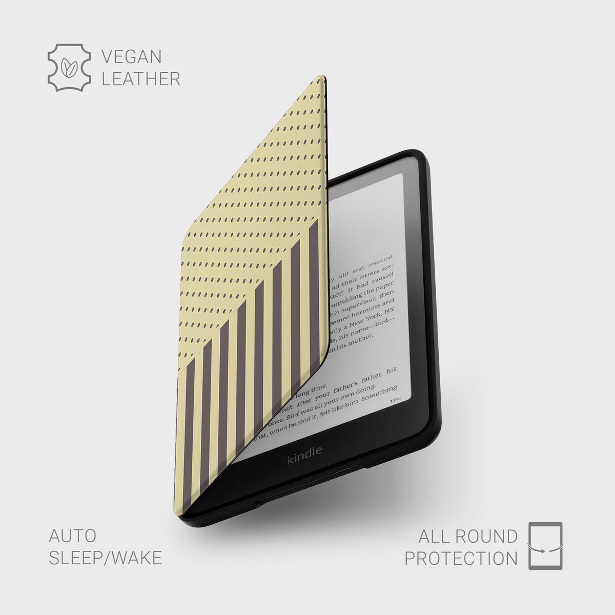 Cocoa Wafer Kindle Case featuring small cocoa-brown polka dots above bold vertical cocoa-brown stripes on a creamy vanilla background.