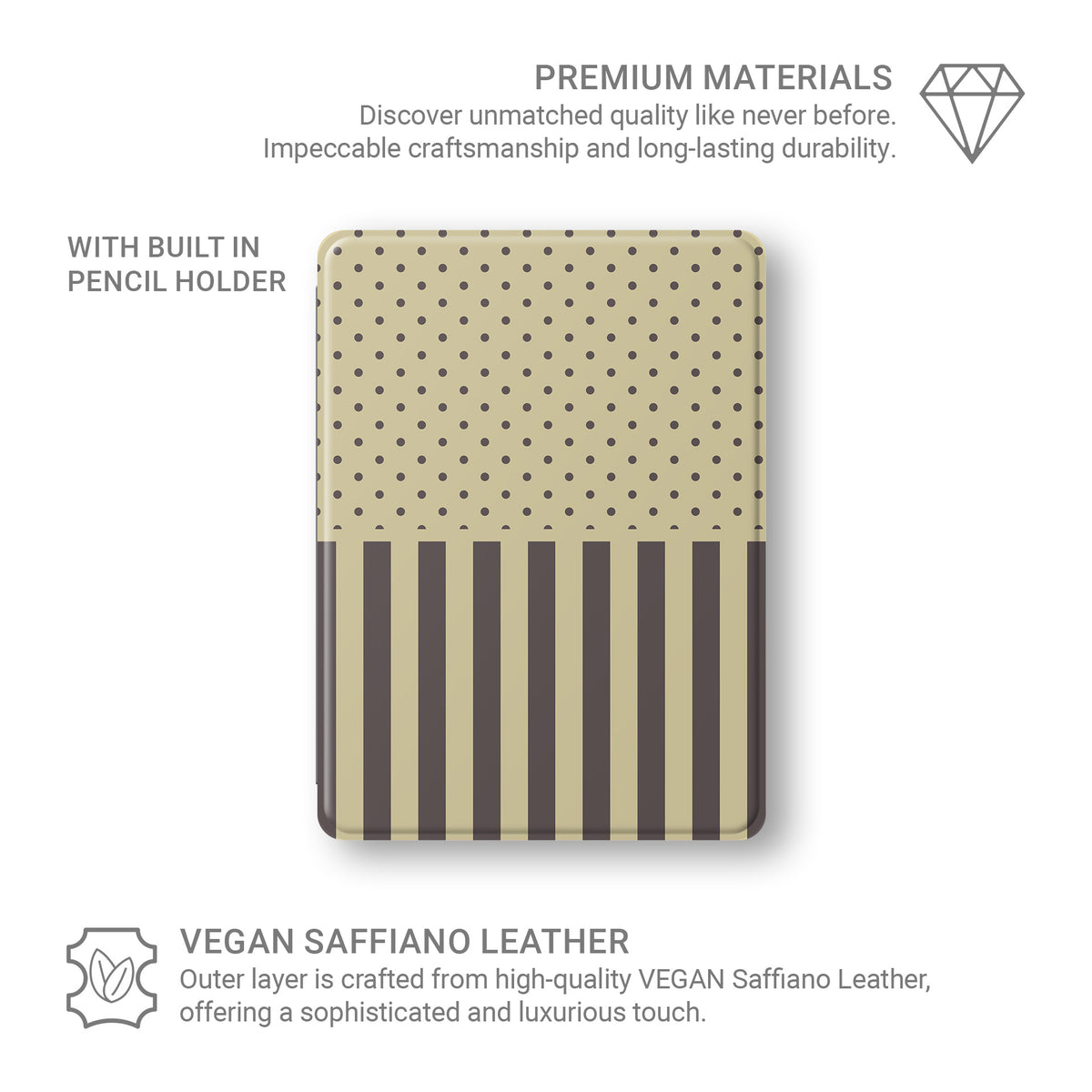 Cocoa Wafer iPad Folio Case featuring small cocoa-brown polka dots above bold vertical cocoa-brown stripes on a creamy vanilla background.