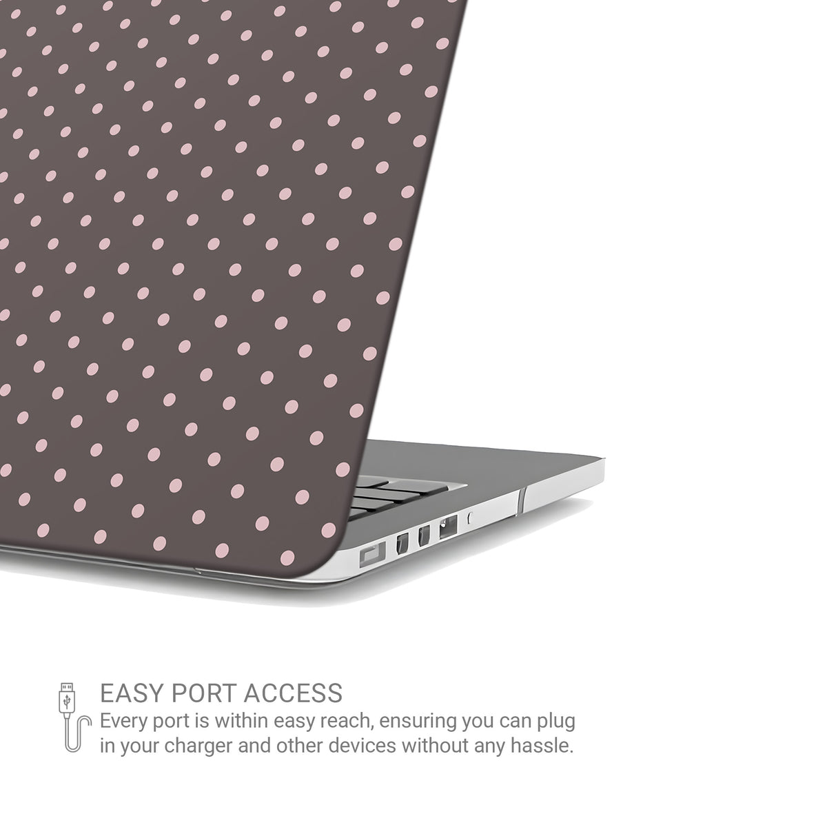 Strawberry Drops MacBook Case featuring small strawberry-pink polka dots on a rich cocoa-brown background.