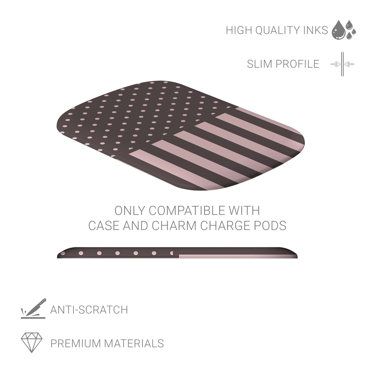 Strawberry Wafer Power Bank Shell featuring fine strawberry-pink polka dots above bold vertical strawberry-pink stripes on a cocoa-brown background.