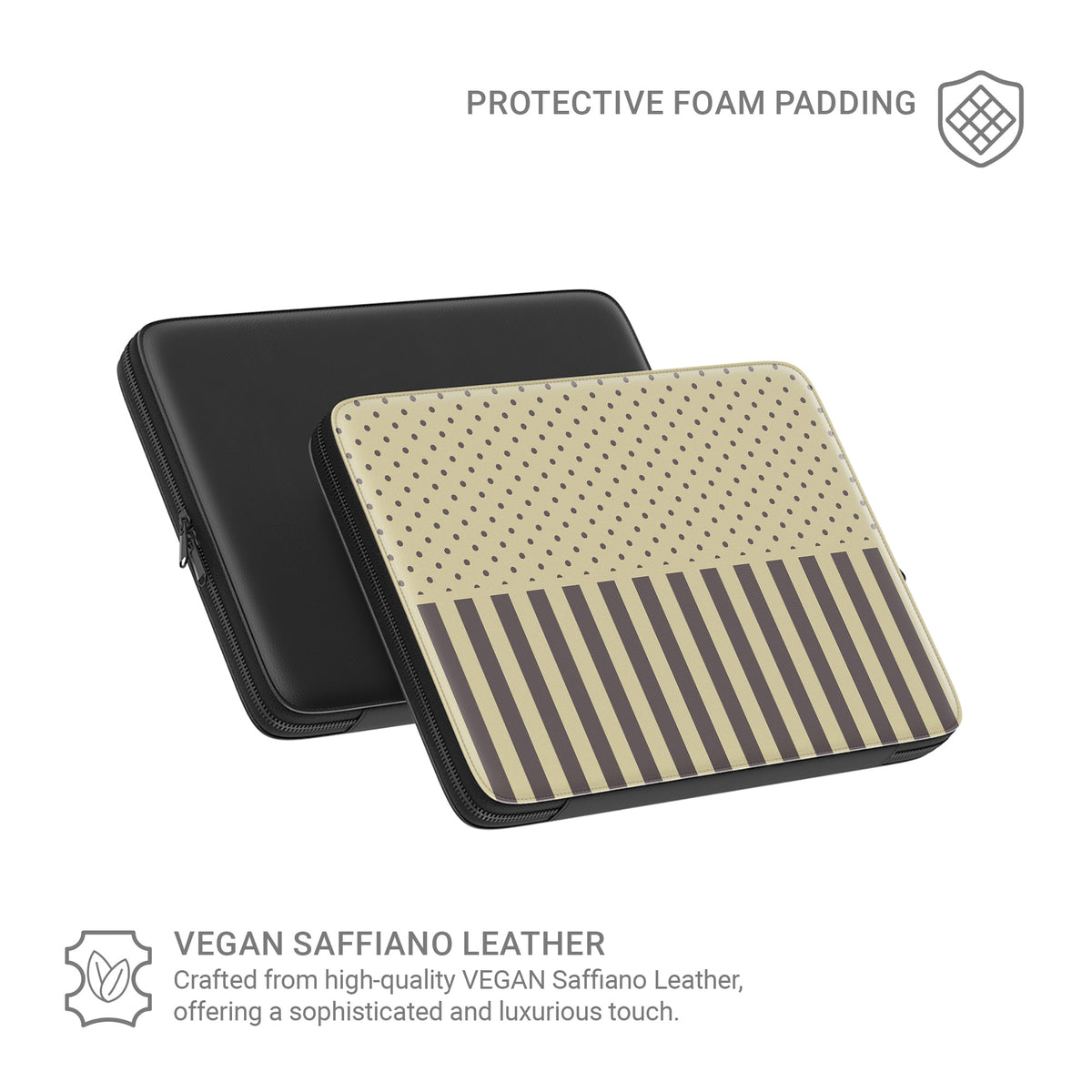 Cocoa Wafer Laptop Sleeve featuring small cocoa-brown polka dots above bold vertical cocoa-brown stripes on a creamy vanilla background.